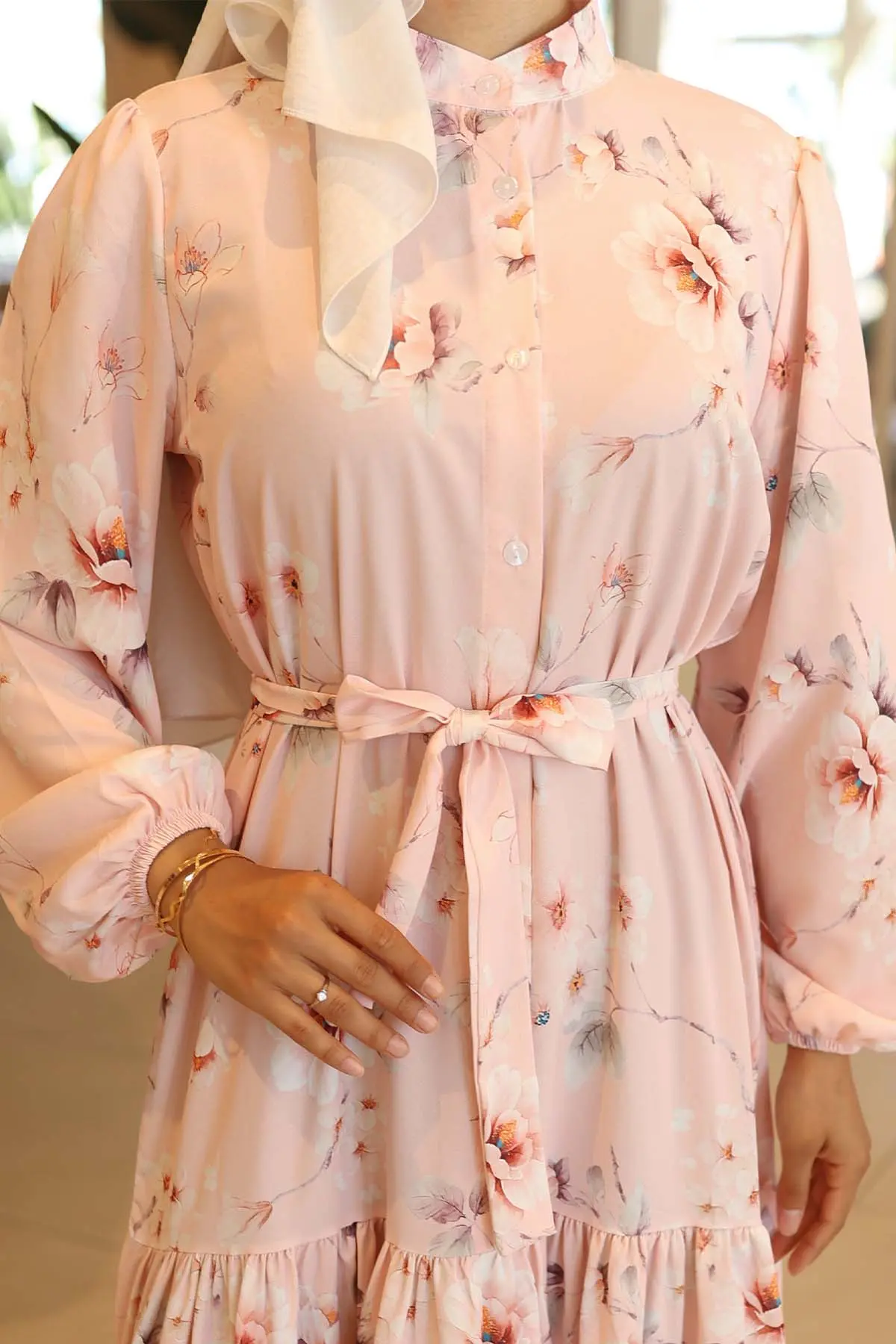 Desenli Tesettür Elbise Pudra 563-detail