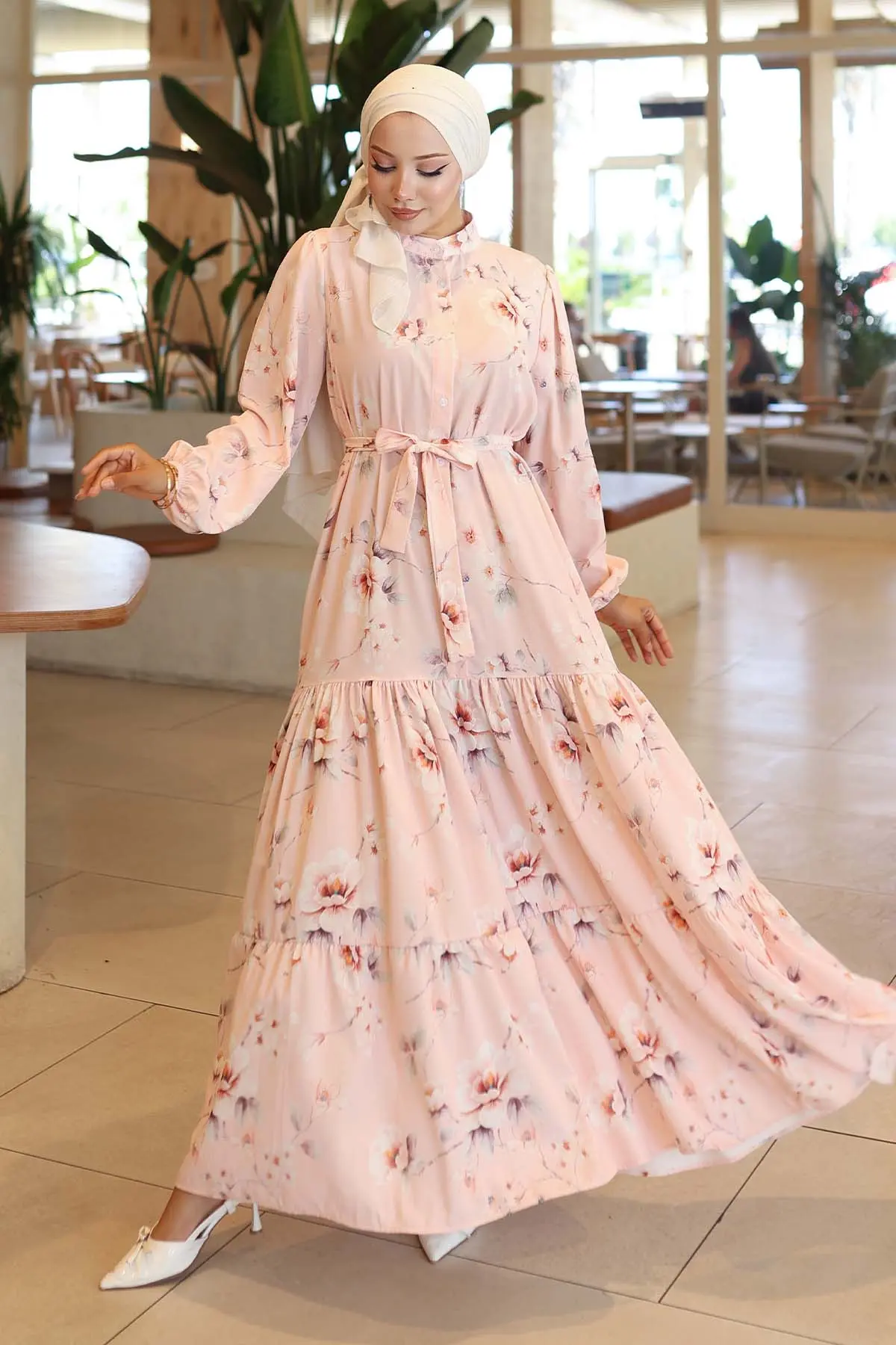 Desenli Tesettür Elbise Pudra 563-detail