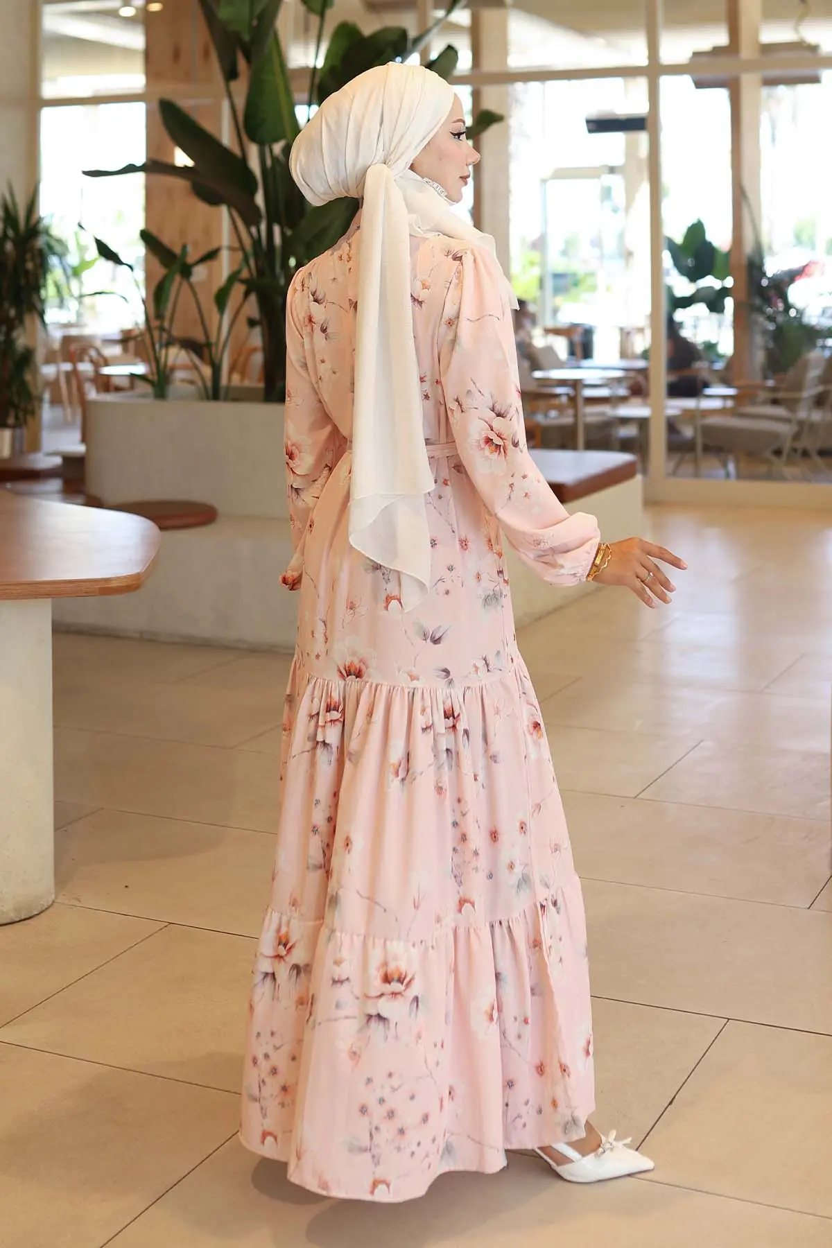 Desenli Tesettür Elbise Pudra 563-detail