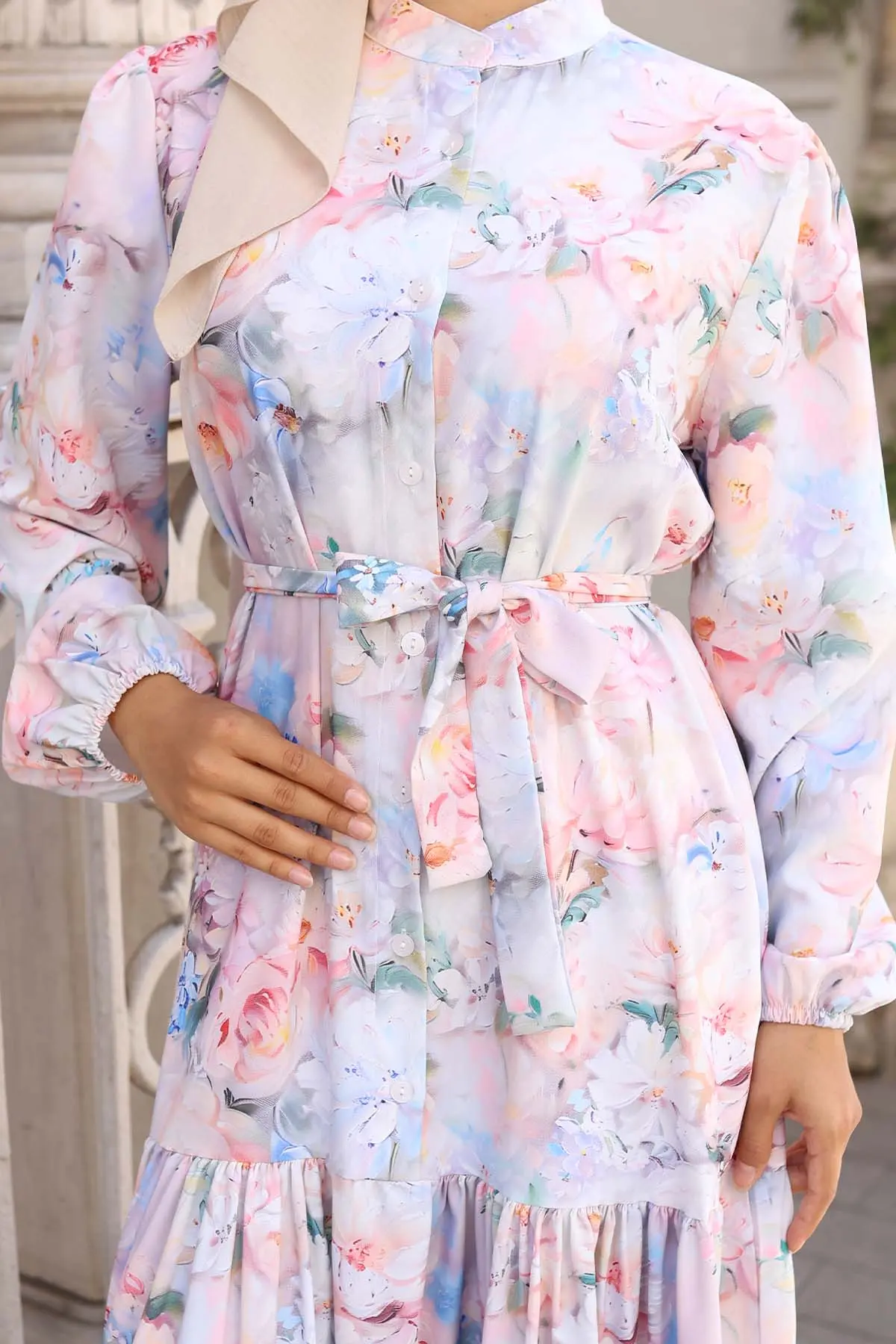 Desenli Tesettür Elbise Pudra 570-detail