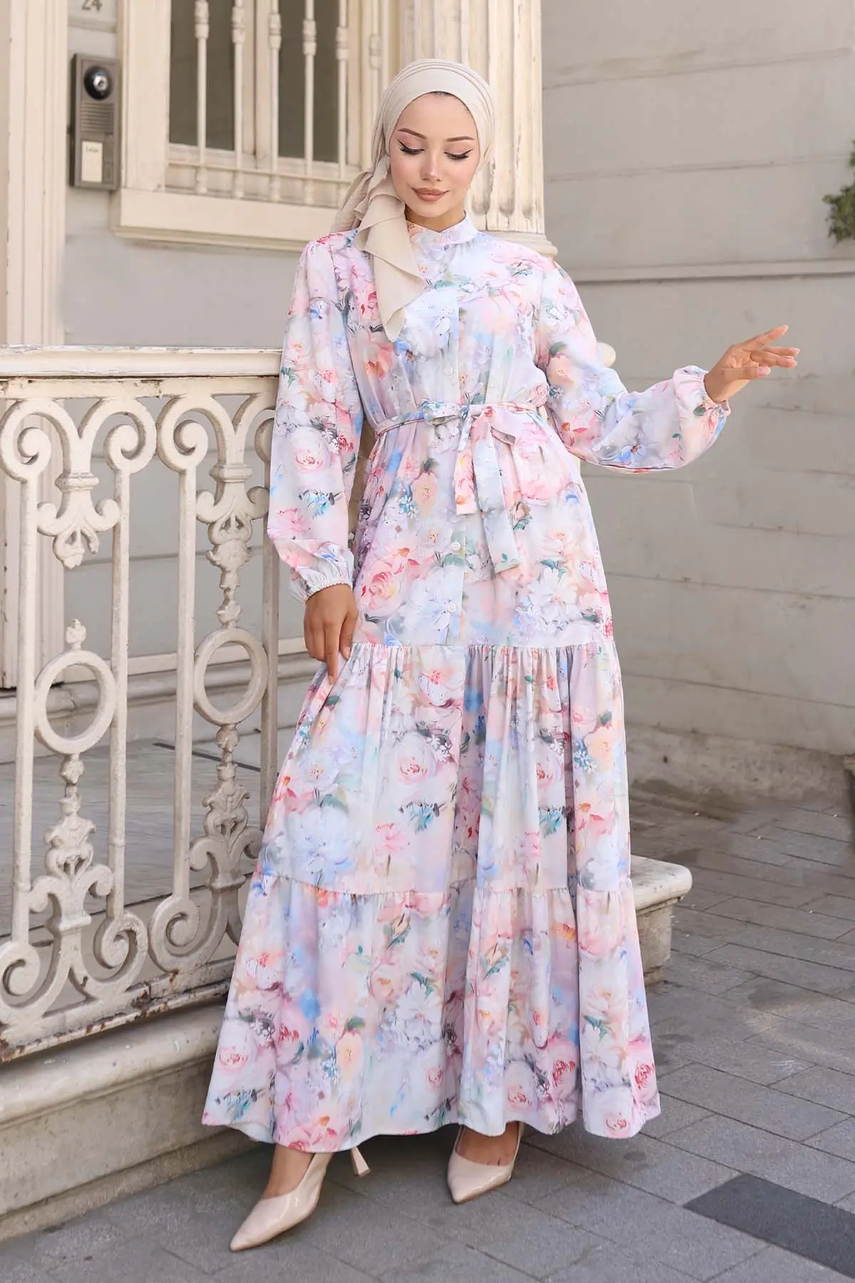Desenli Tesettür Elbise Pudra 570-detail