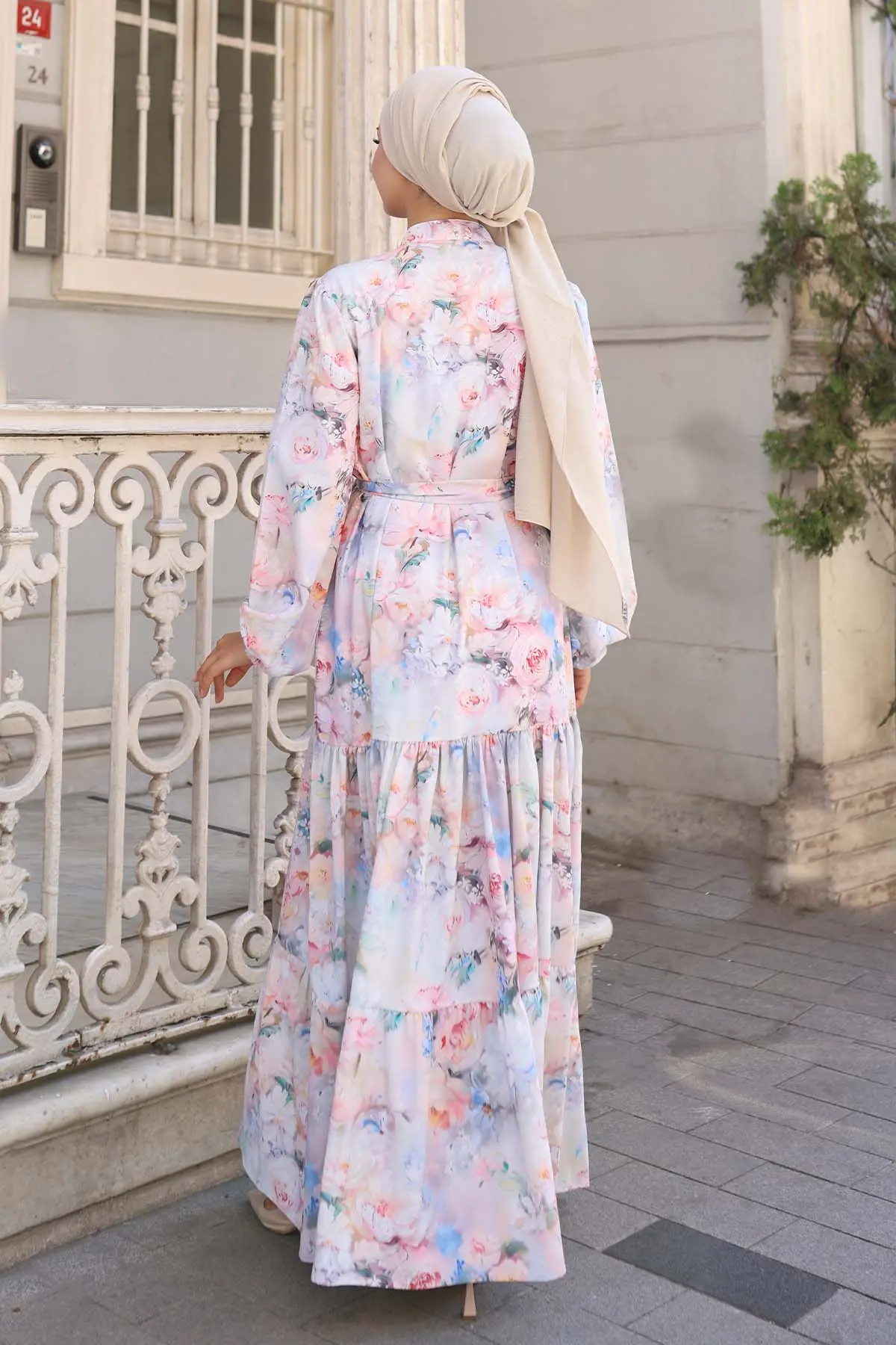 Desenli Tesettür Elbise Pudra 570-detail