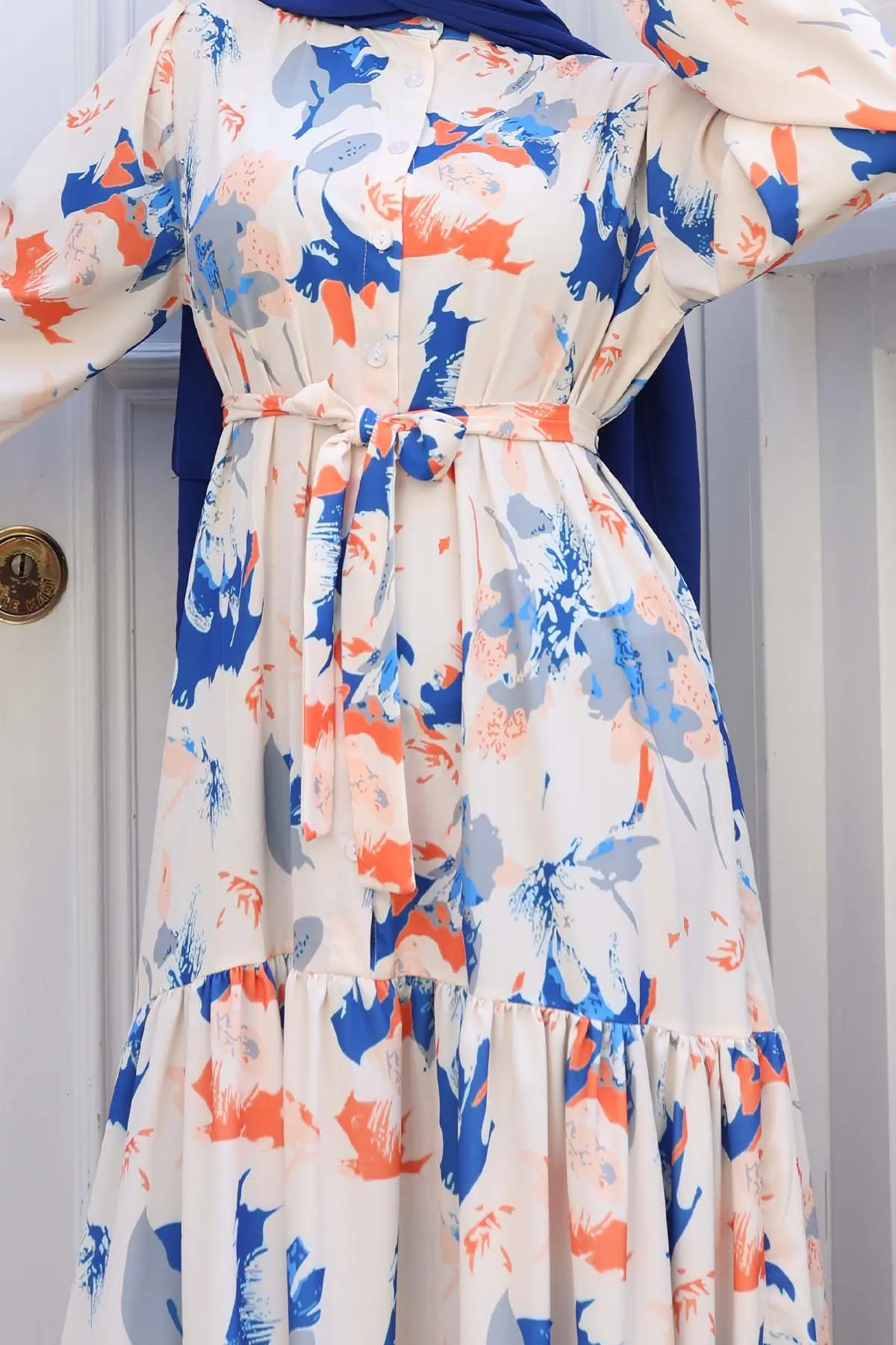 Desenli Tesettür Elbise Saks Mavisi 557-detail