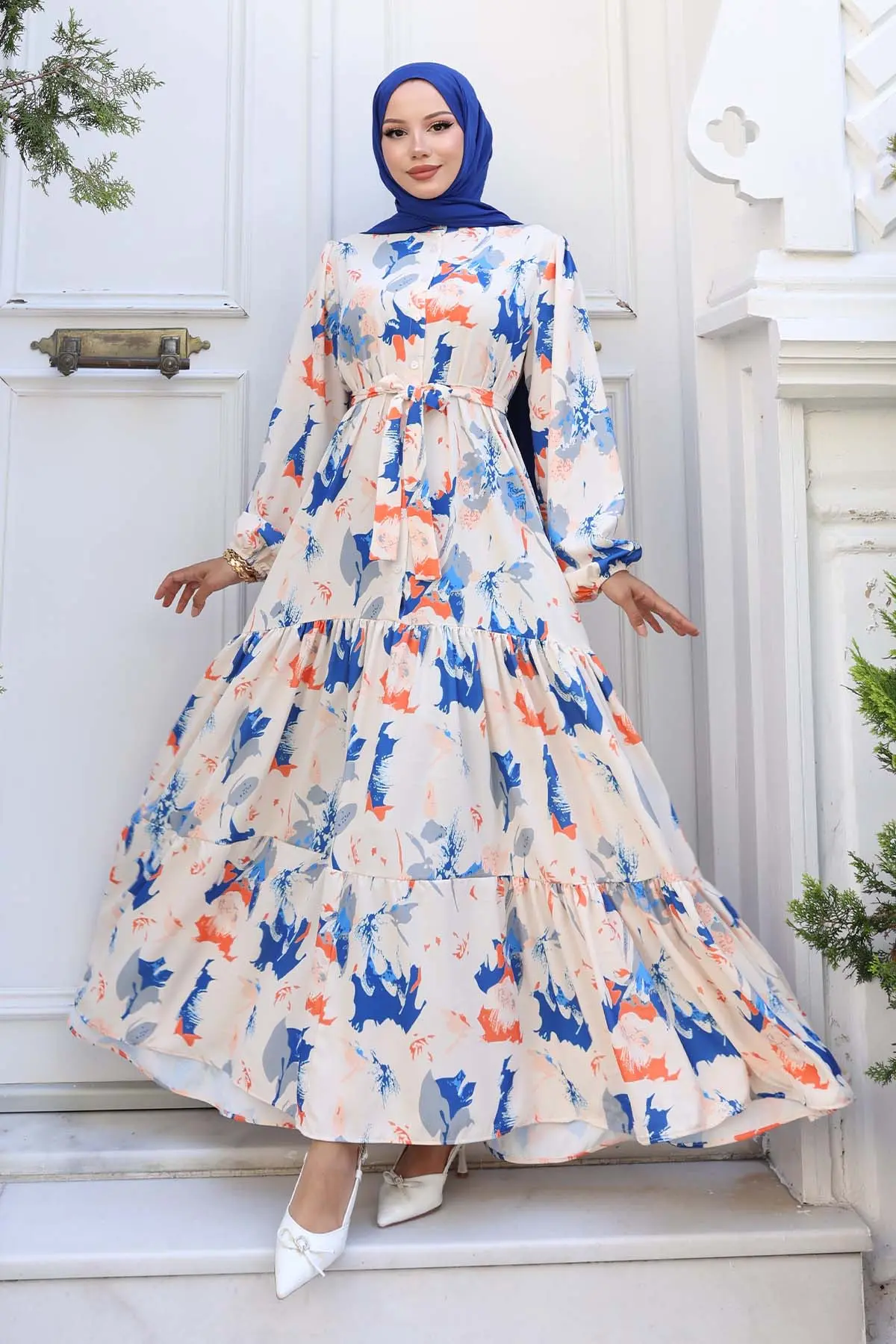 Desenli Tesettür Elbise Saks Mavisi 557-detail