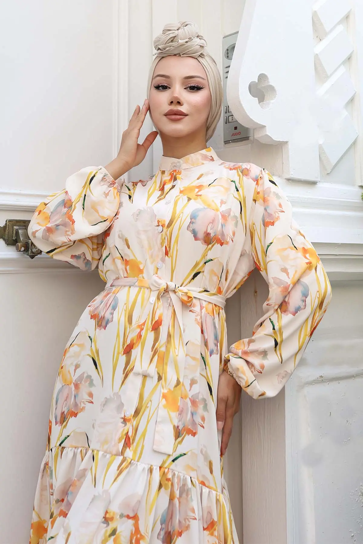 Desenli Tesettür Elbise Sarı 529-detail