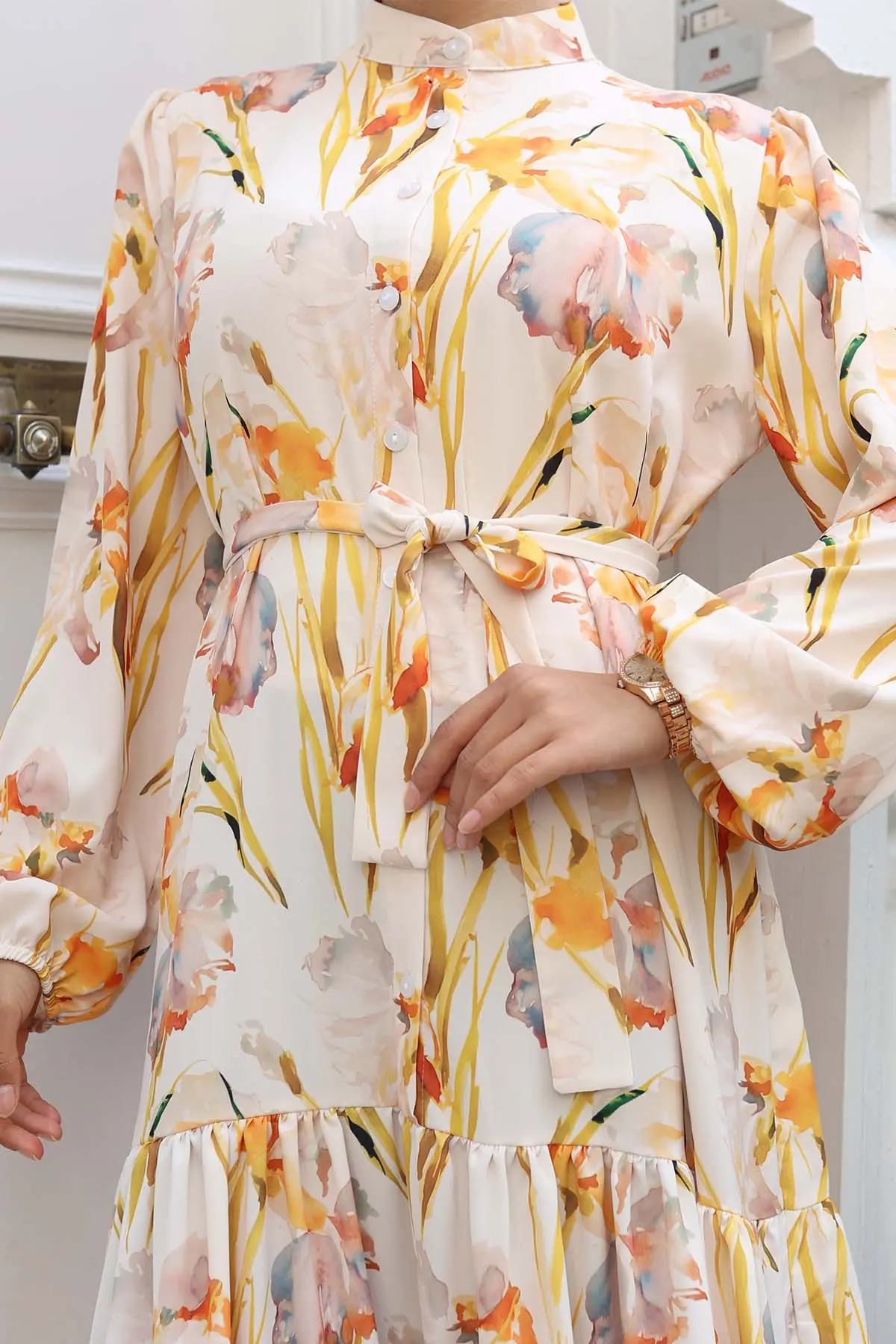 Desenli Tesettür Elbise Sarı 529-detail