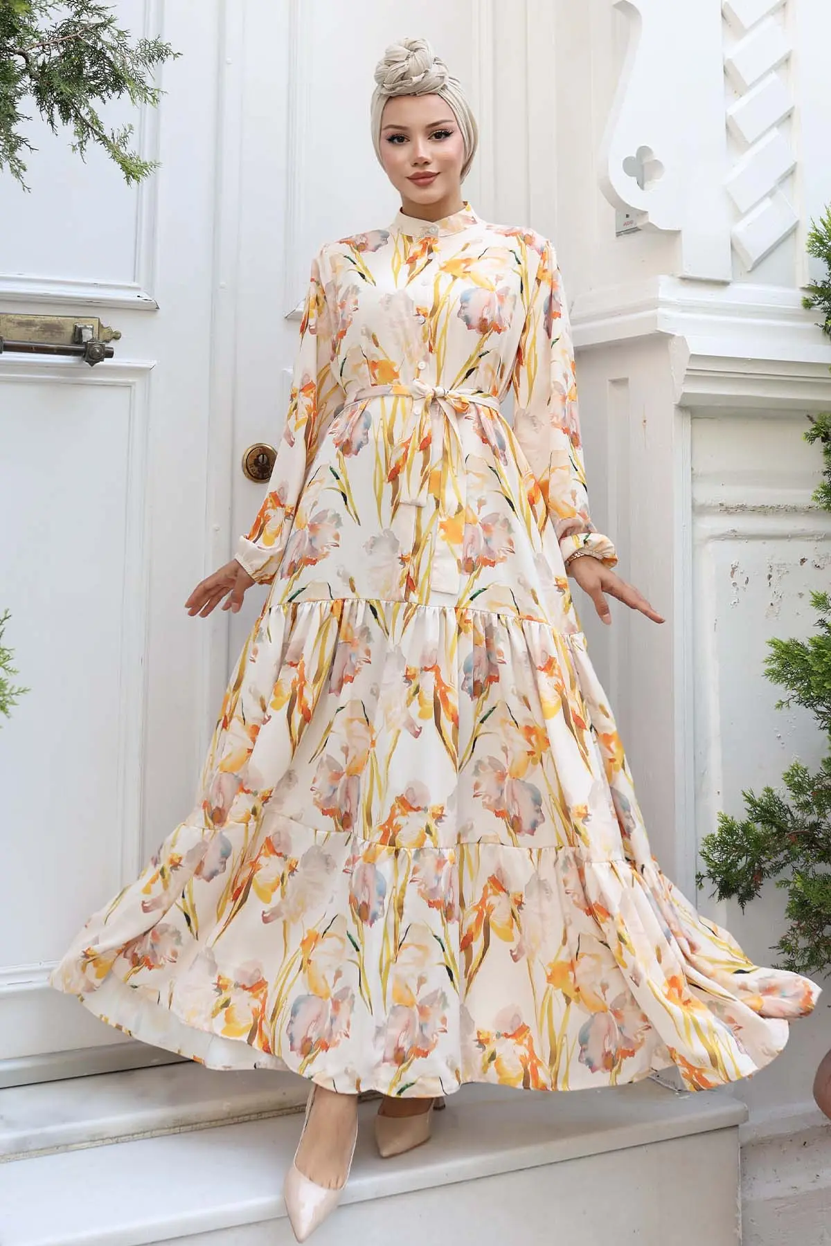 Desenli Tesettür Elbise Sarı 529-detail