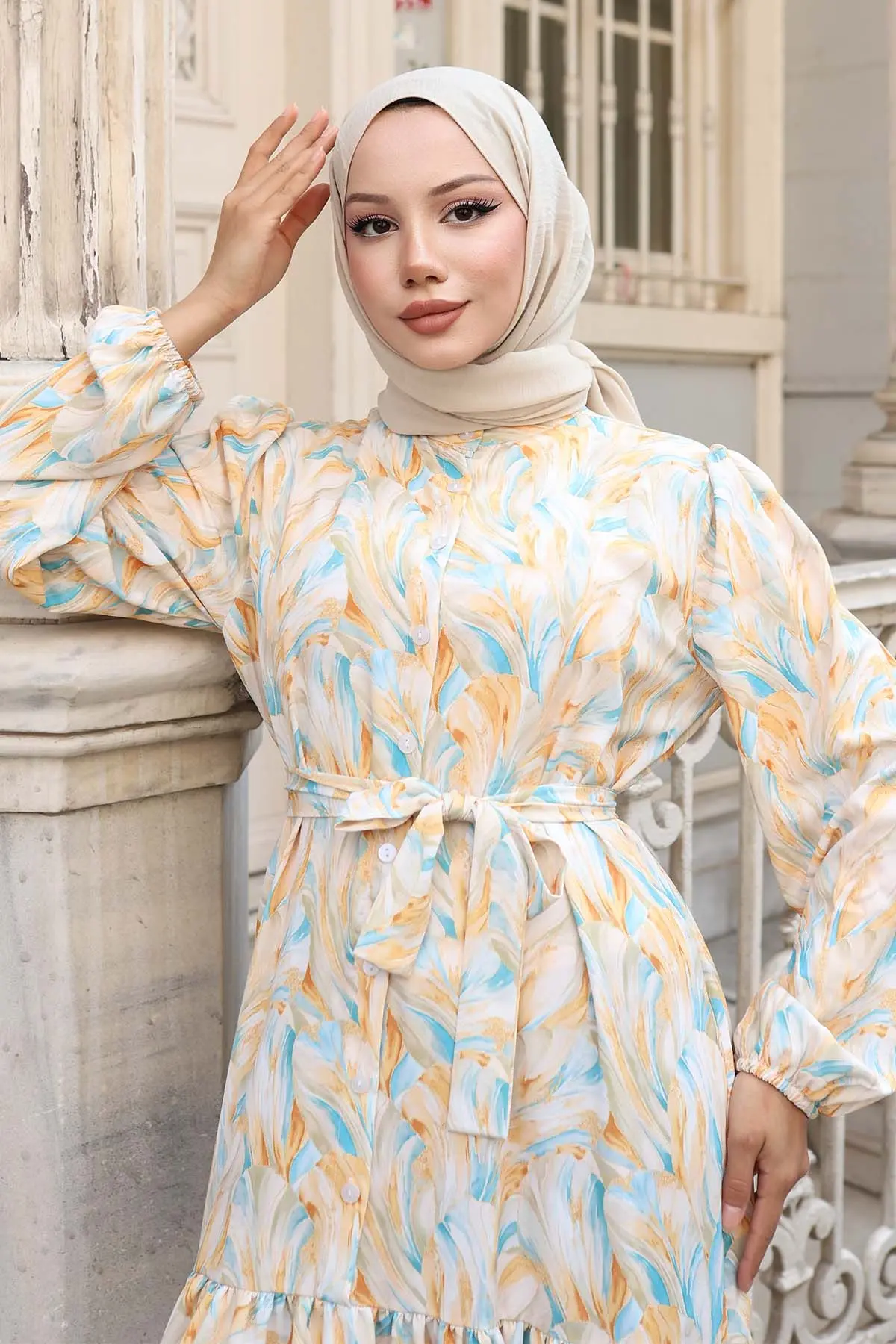 Desenli Tesettür Elbise Sarı 538-detail