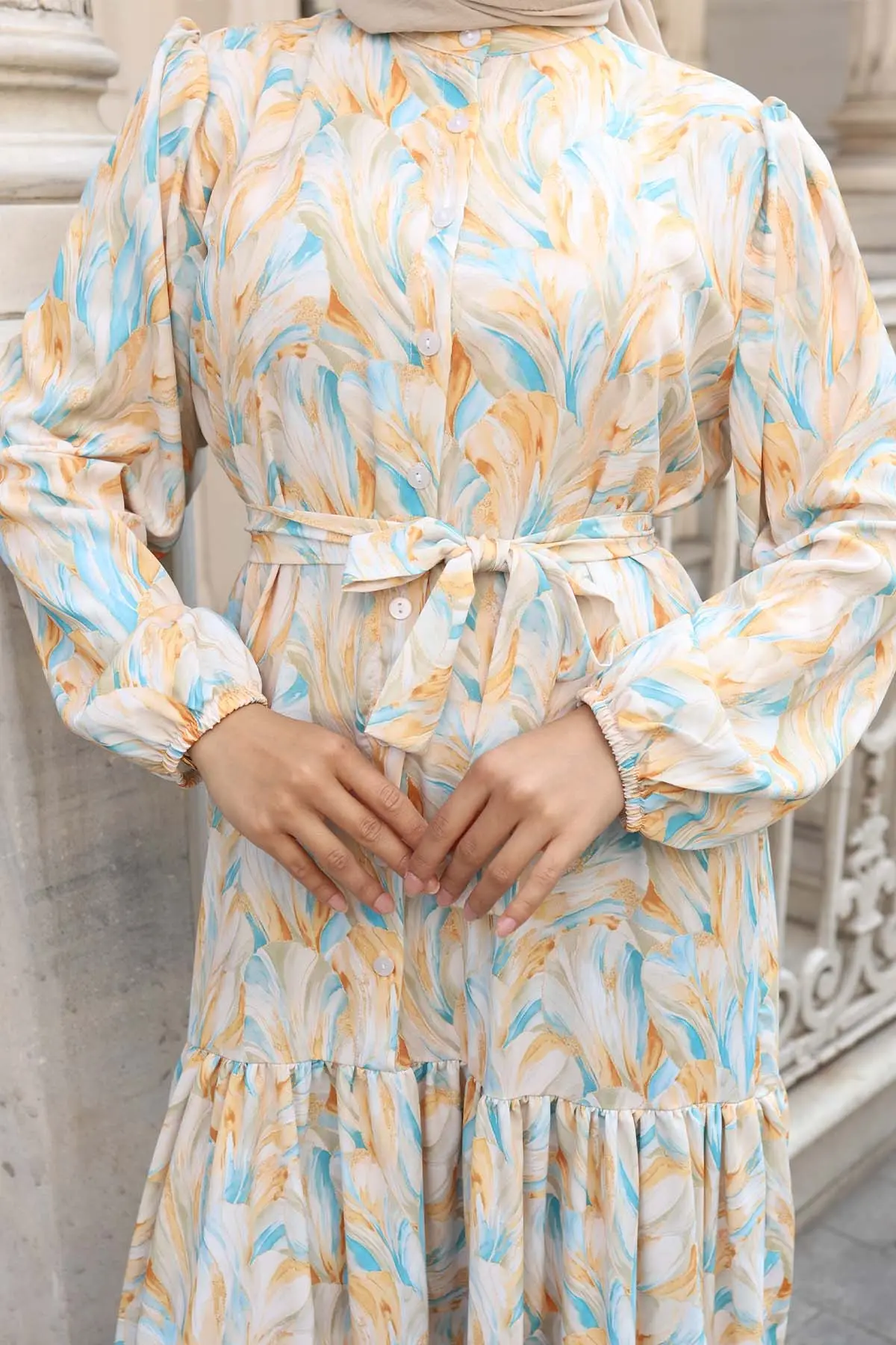 Desenli Tesettür Elbise Sarı 538-detail