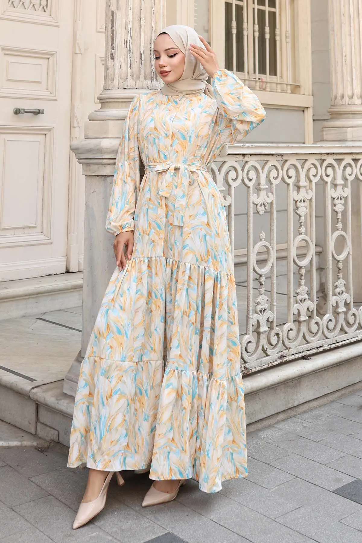 Desenli Tesettür Elbise Sarı 538-detail