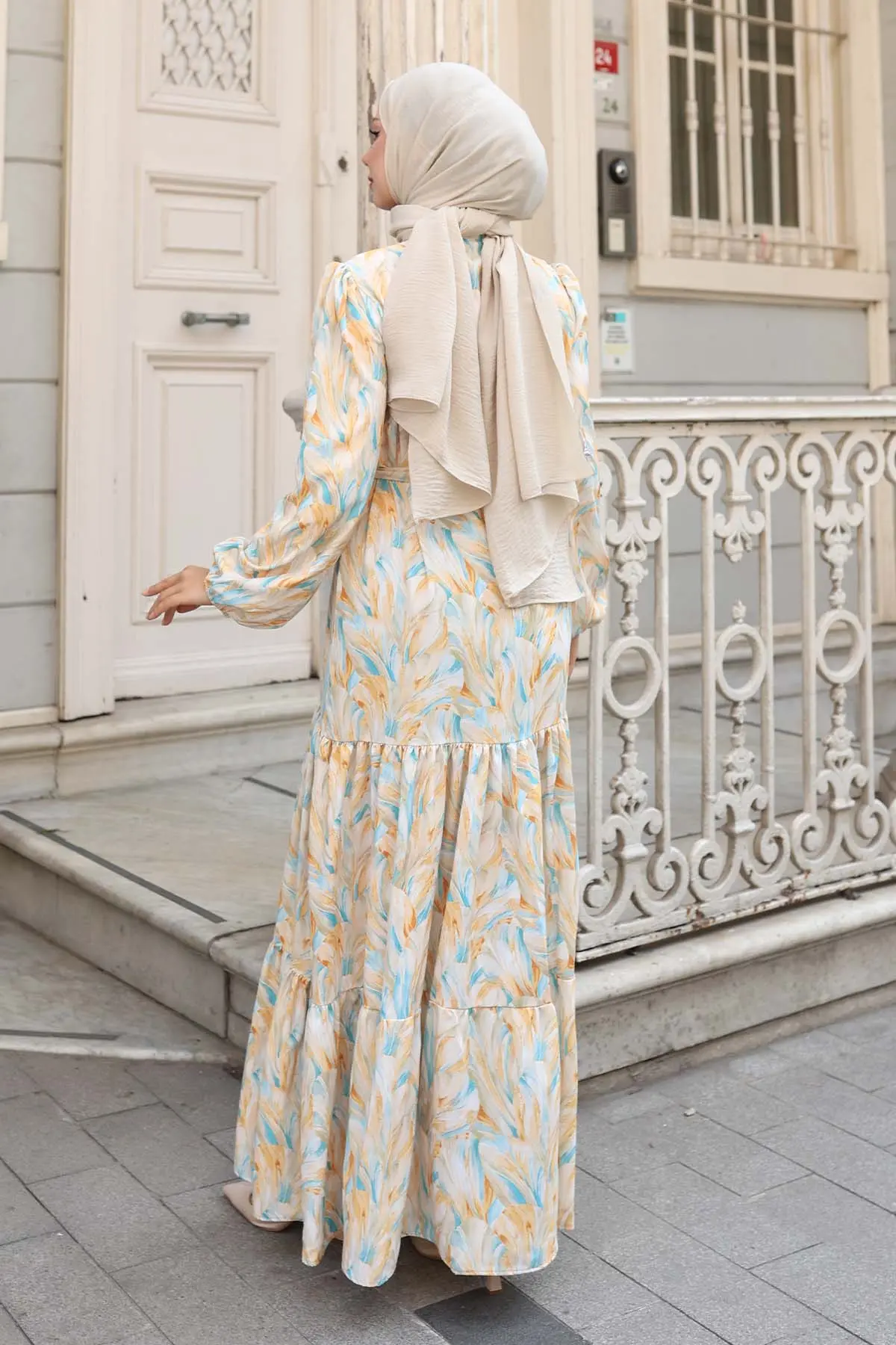 Desenli Tesettür Elbise Sarı 538-detail