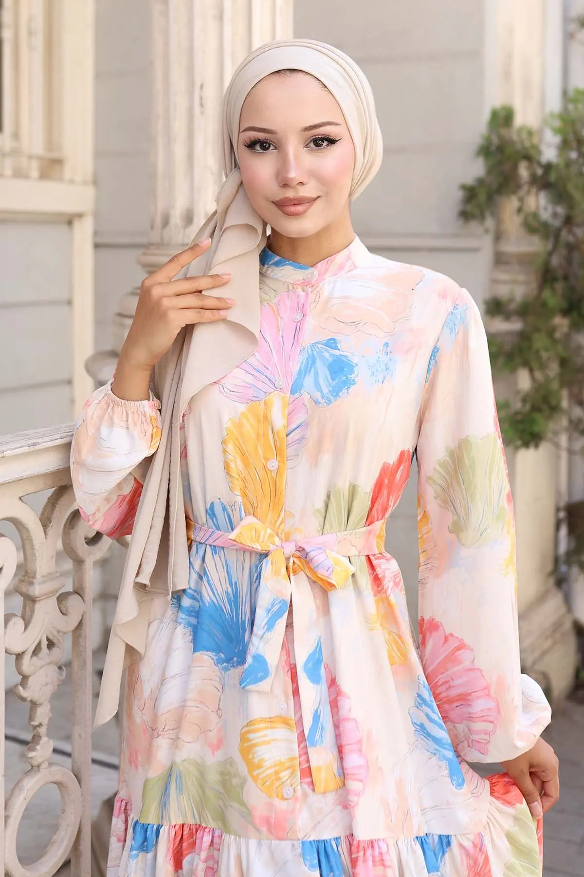 Desenli Tesettür Elbise Sarı 570-detail