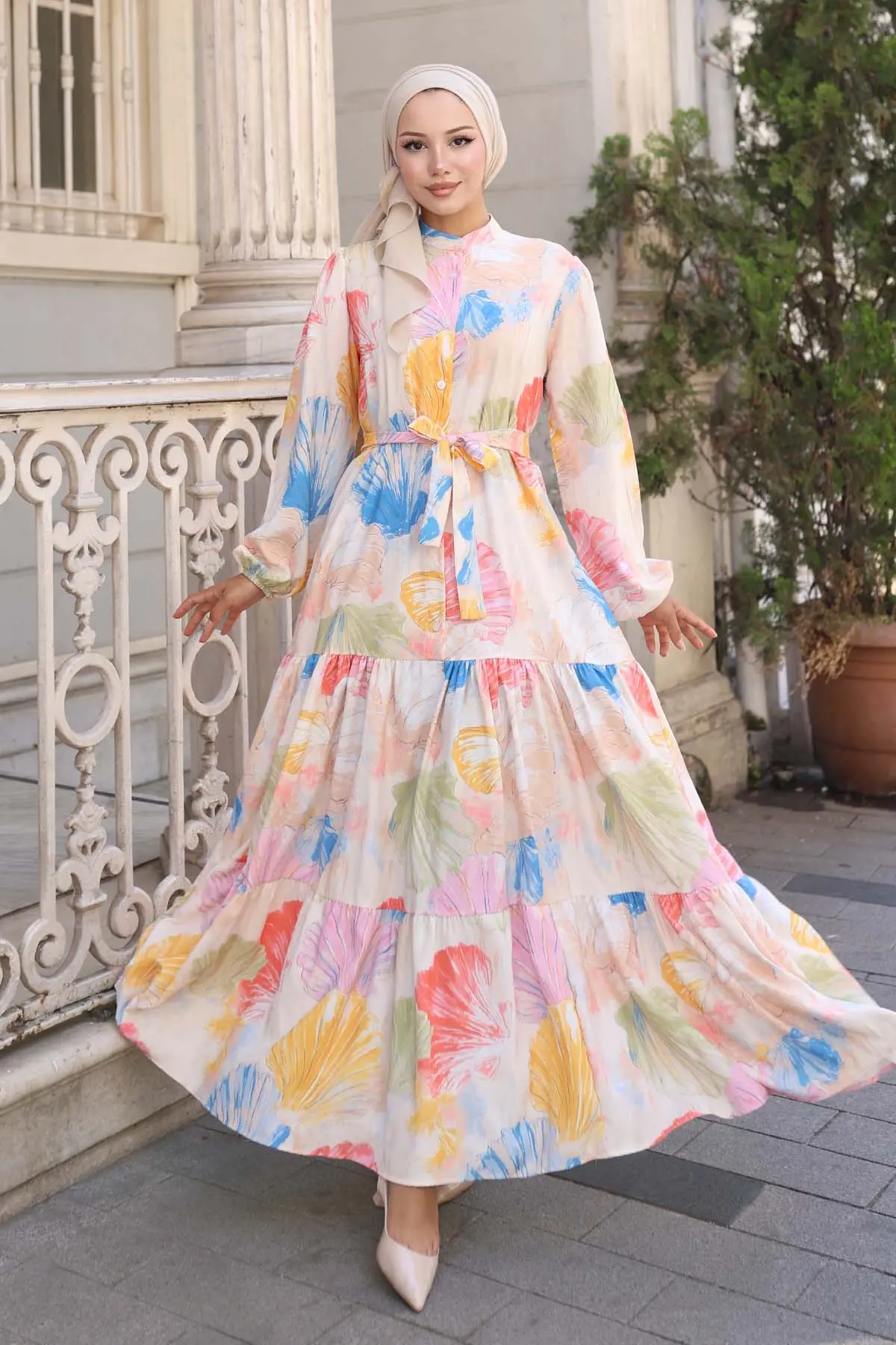 Desenli Tesettür Elbise Sarı 570-detail