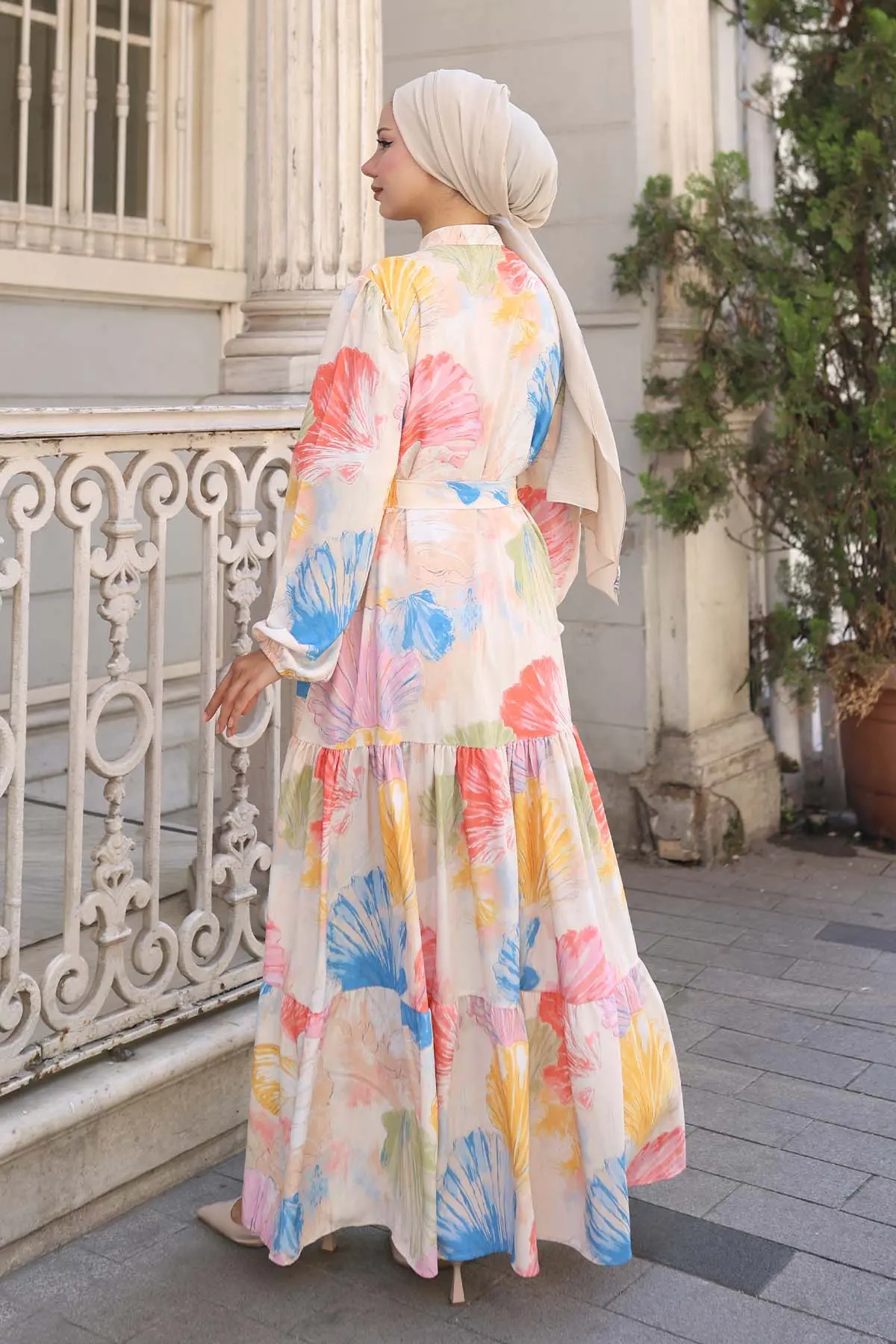 Desenli Tesettür Elbise Sarı 570-detail