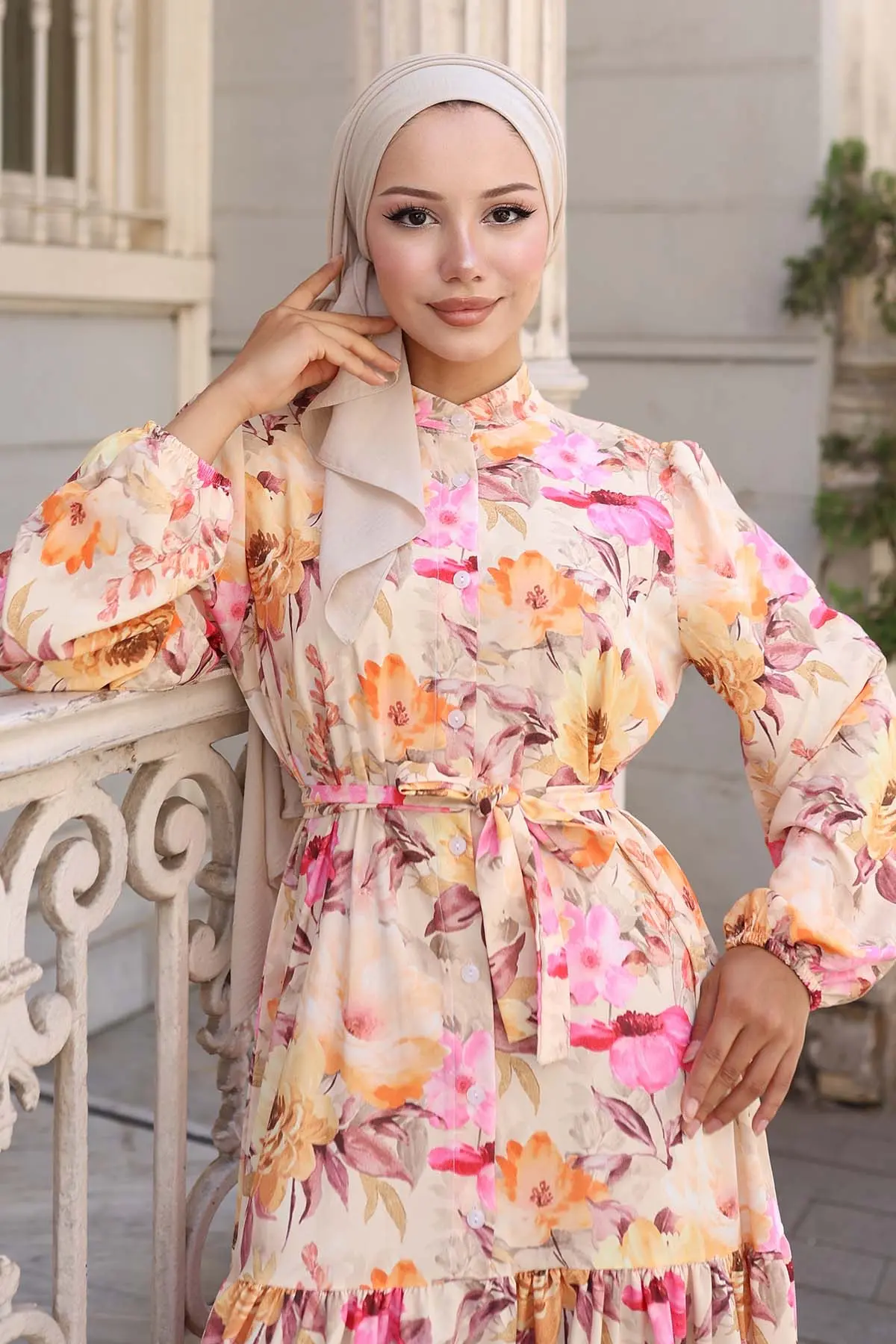 Desenli Tesettür Elbise Sarı 572-detail