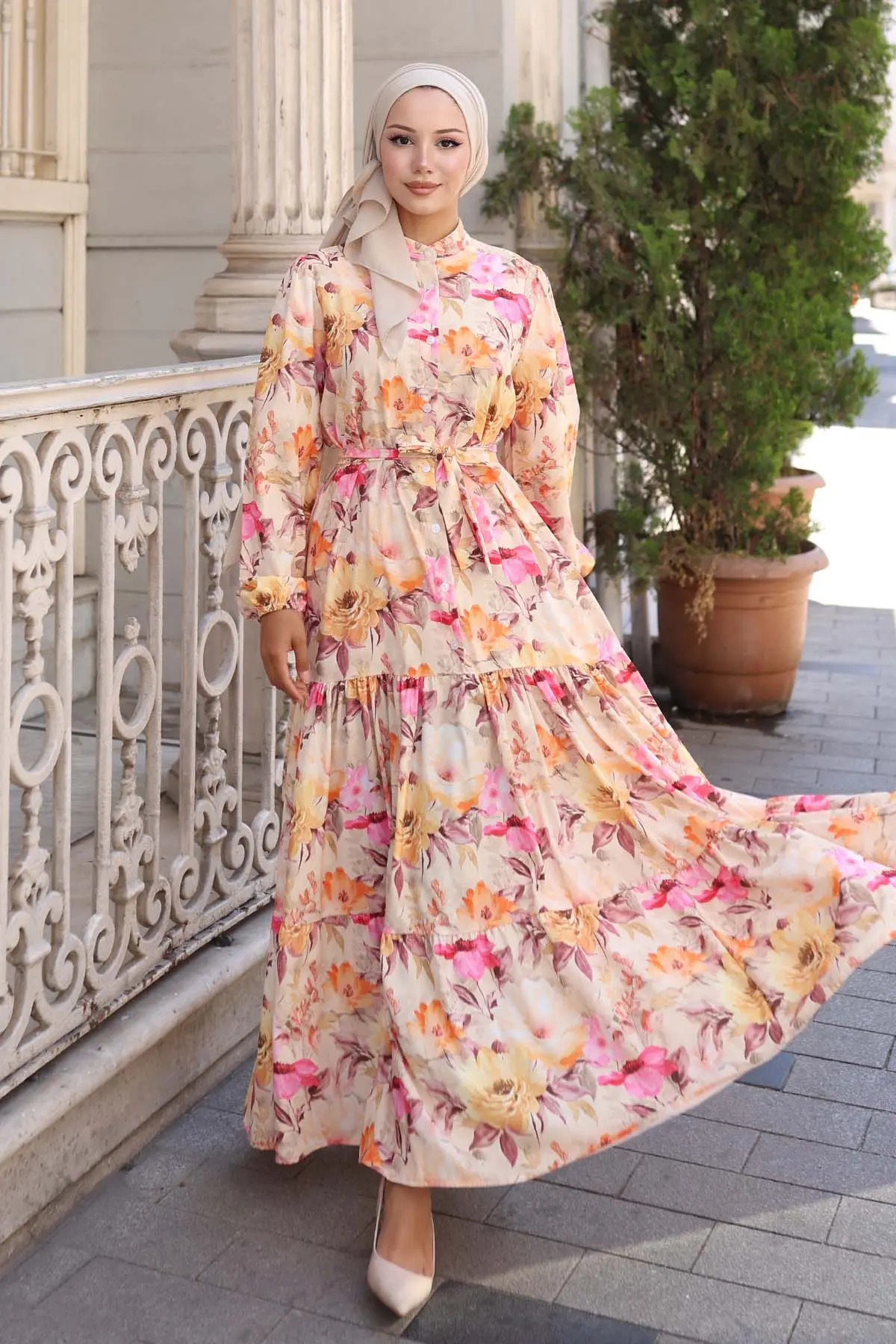 Desenli Tesettür Elbise Sarı 572-detail