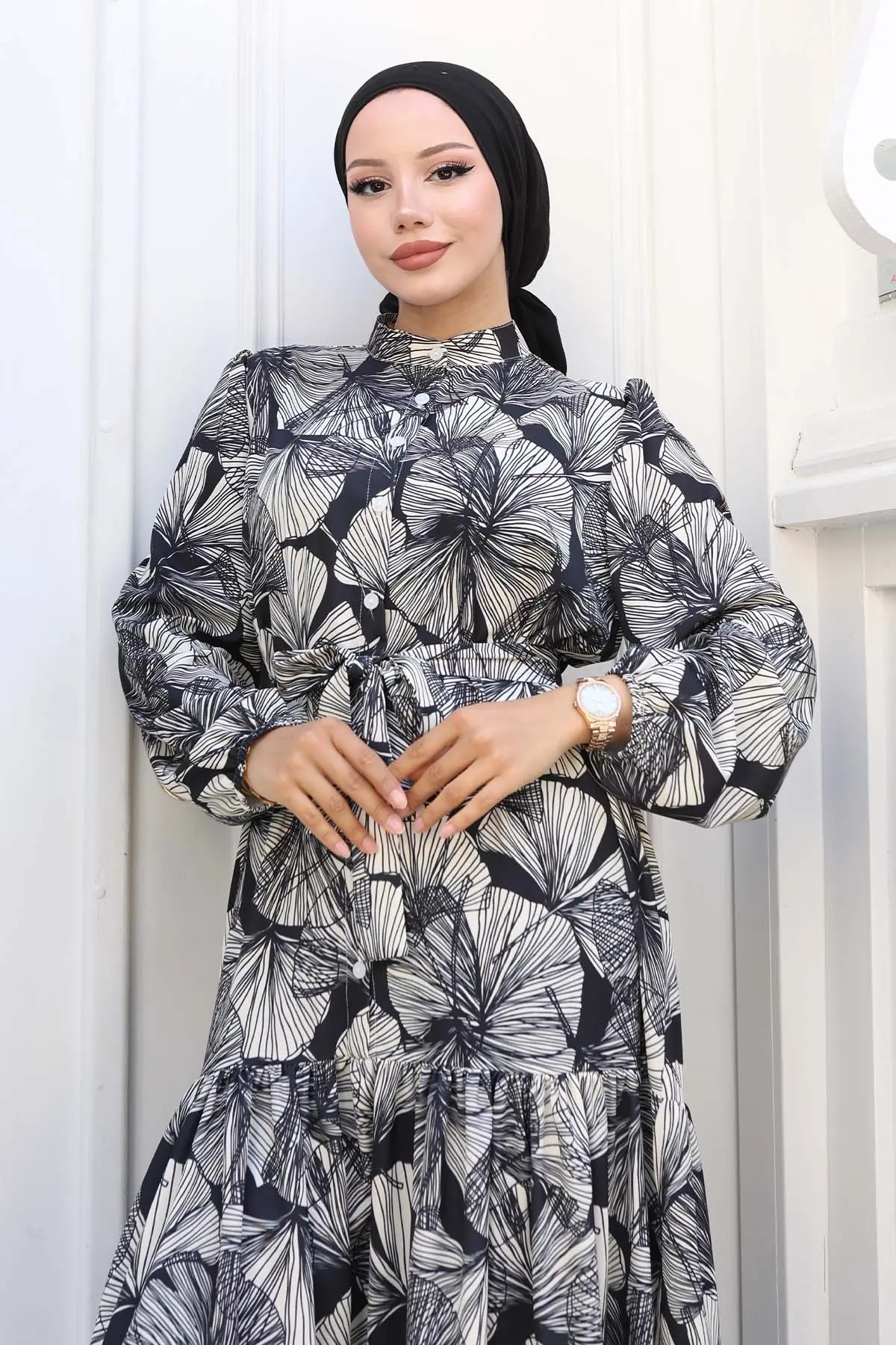 Desenli Tesettür Elbise Siyah 559-detail