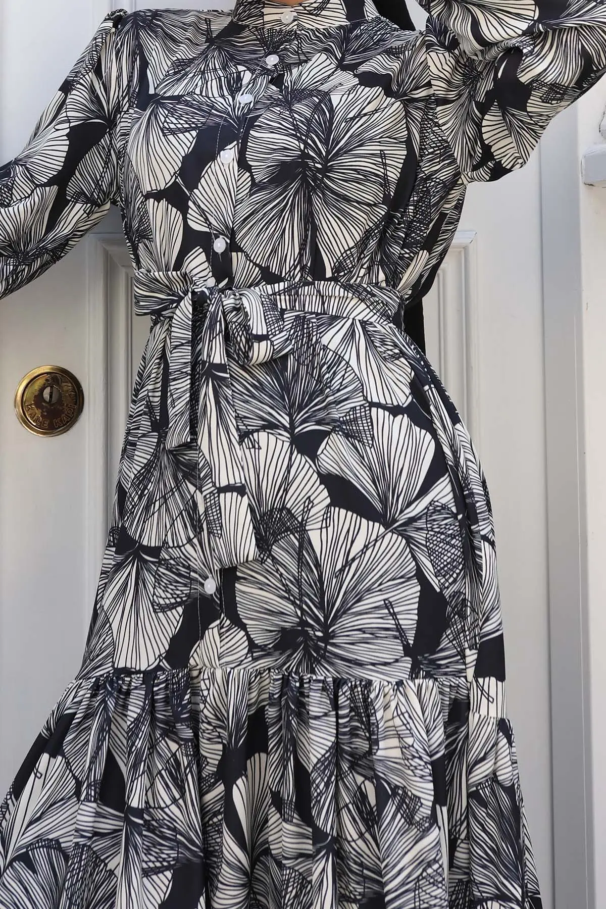 Desenli Tesettür Elbise Siyah 559-detail