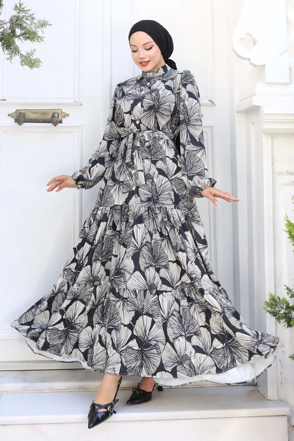 Desenli Tesettür Elbise Siyah 559-detail