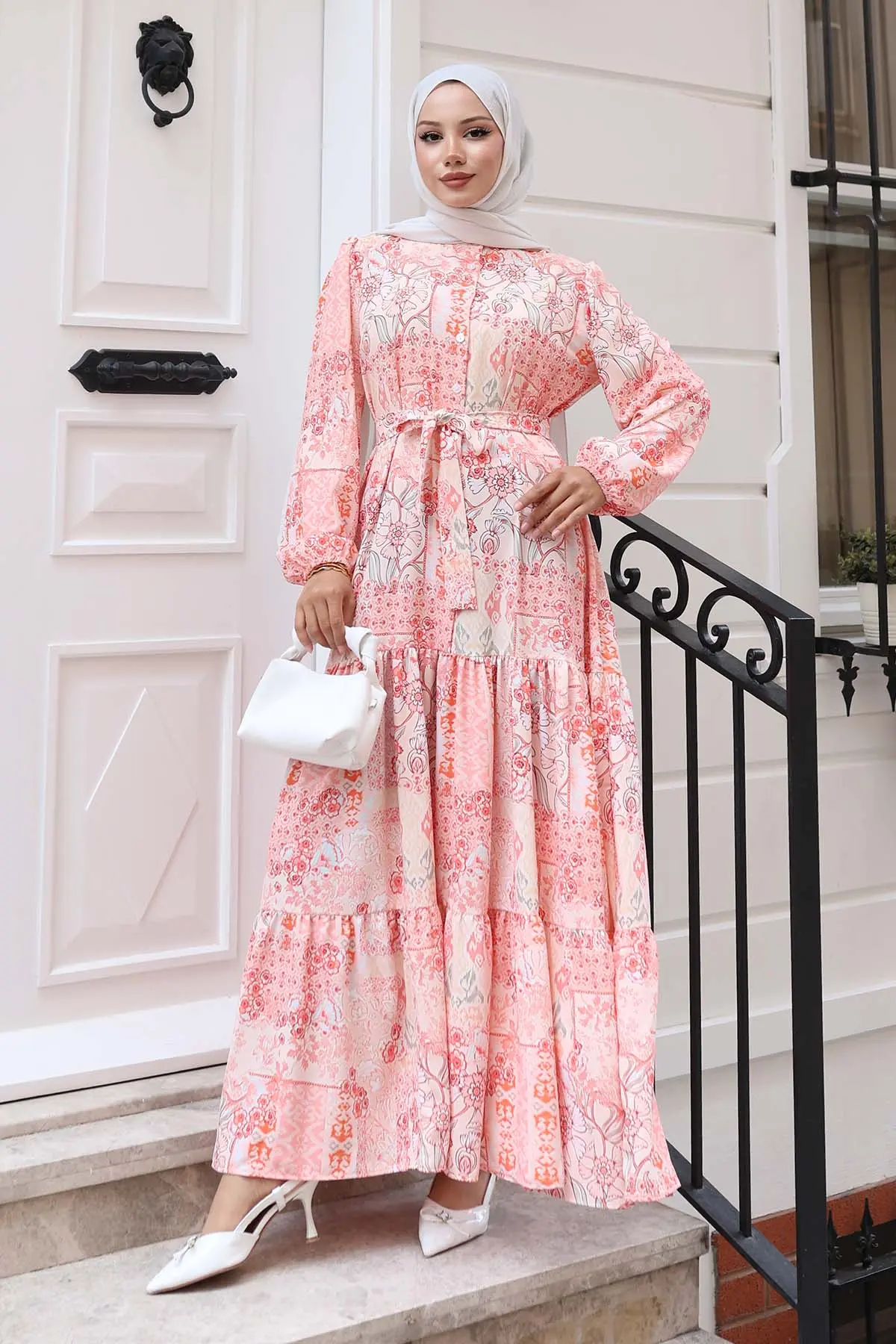 Desenli Tesettür Elbise Somon 520-detail