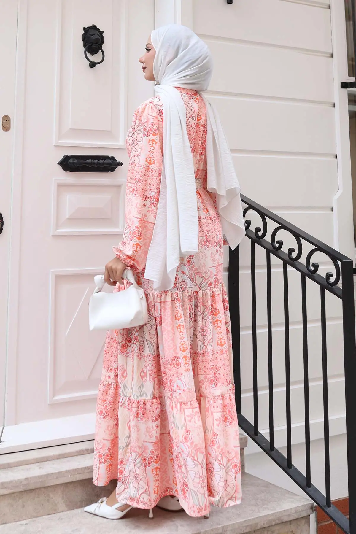 Desenli Tesettür Elbise Somon 520-detail