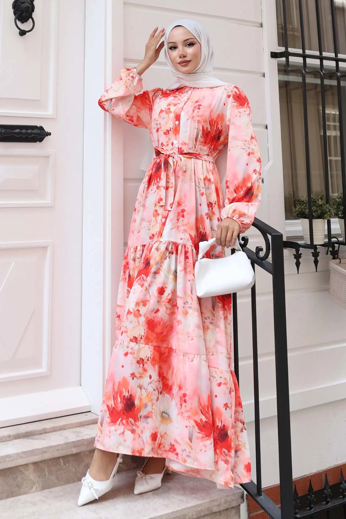 Desenli Tesettür Elbise Somon 526-detail