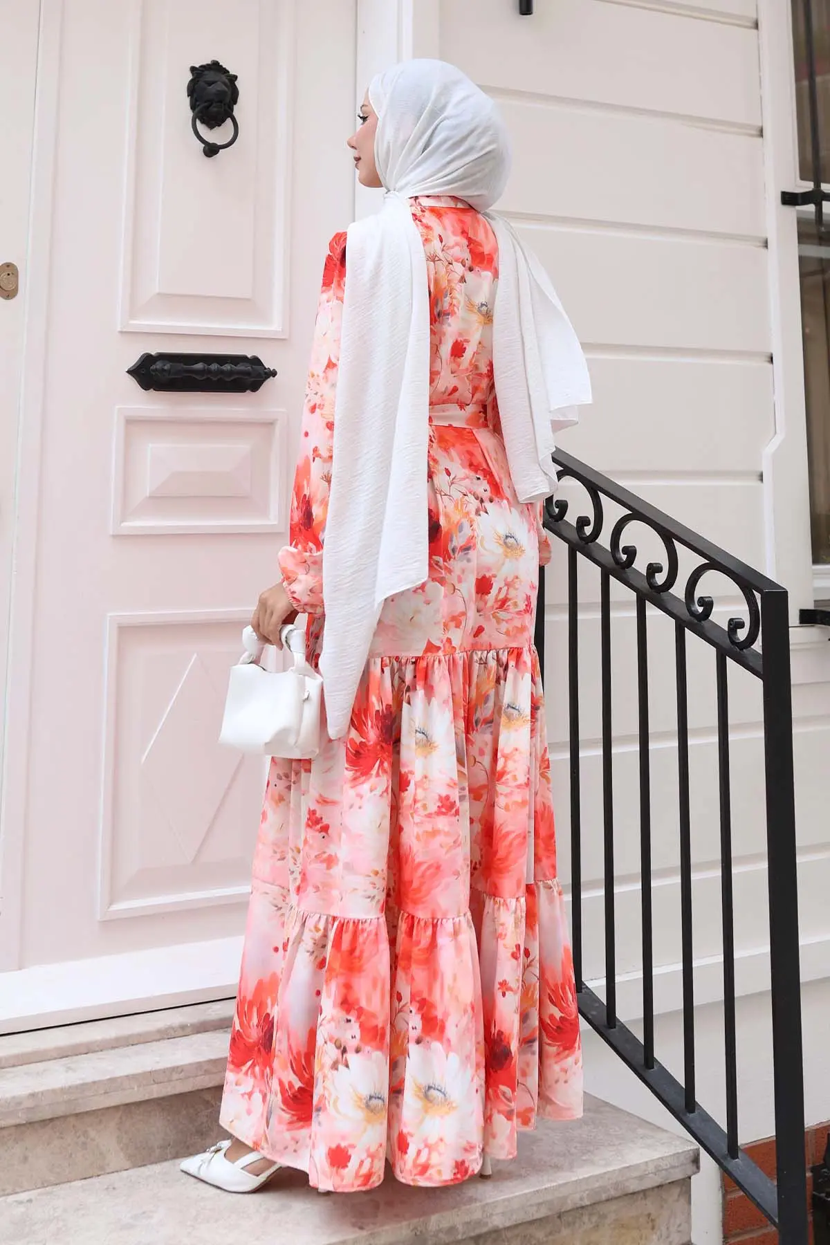 Desenli Tesettür Elbise Somon 526-detail