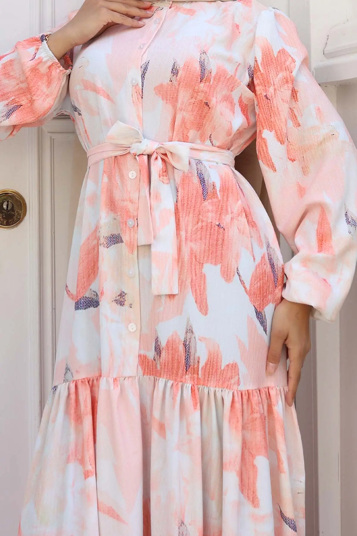 Desenli Tesettür Elbise Somon 558-detail