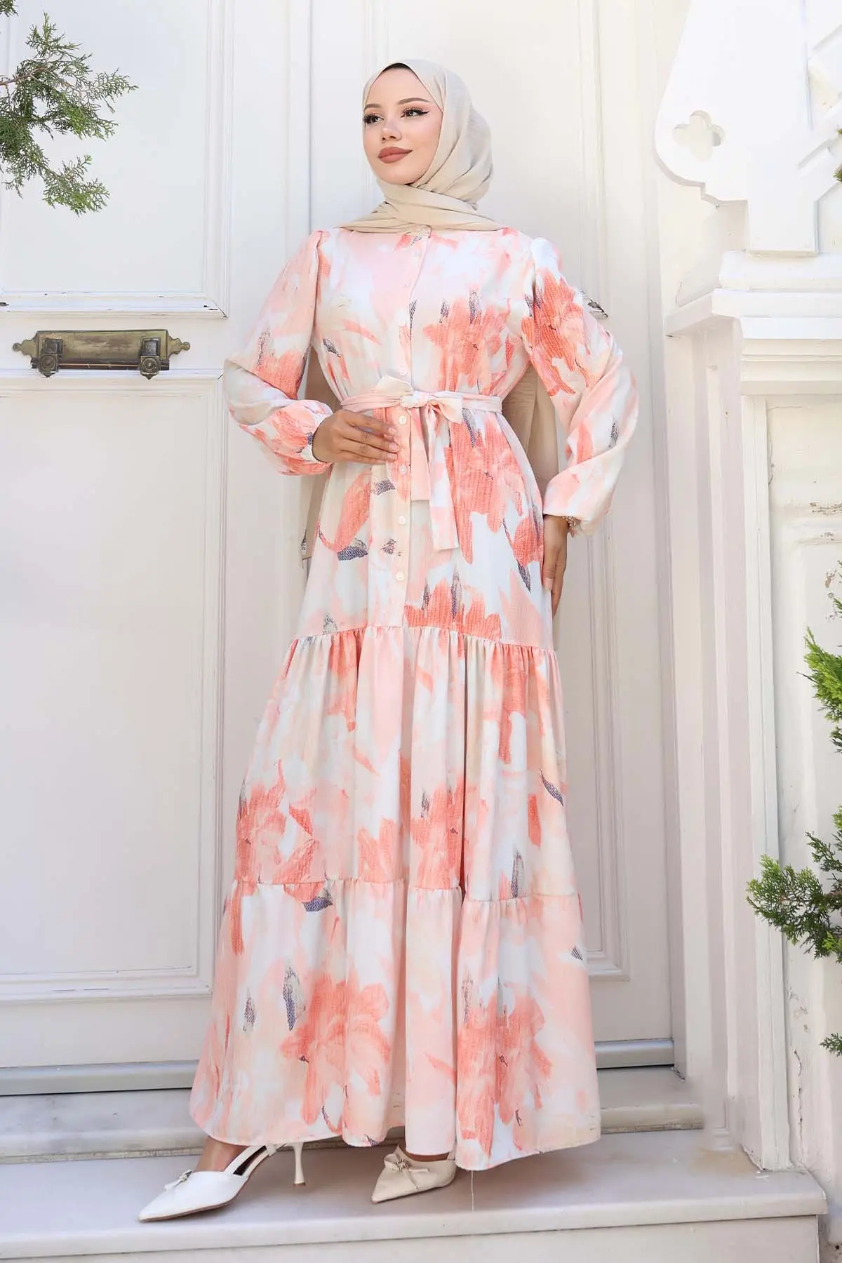 Desenli Tesettür Elbise Somon 558-detail