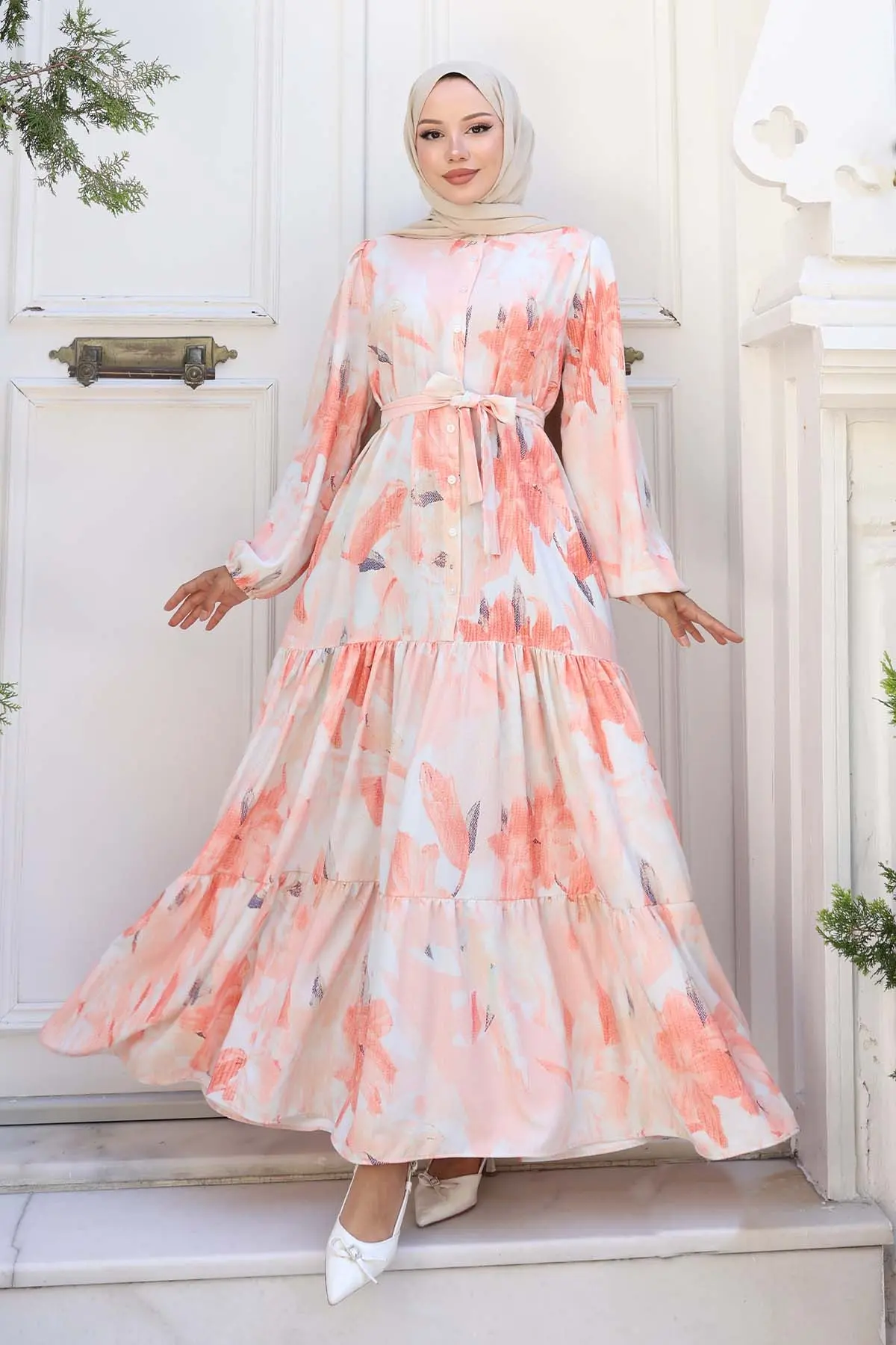 Desenli Tesettür Elbise Somon 558-detail