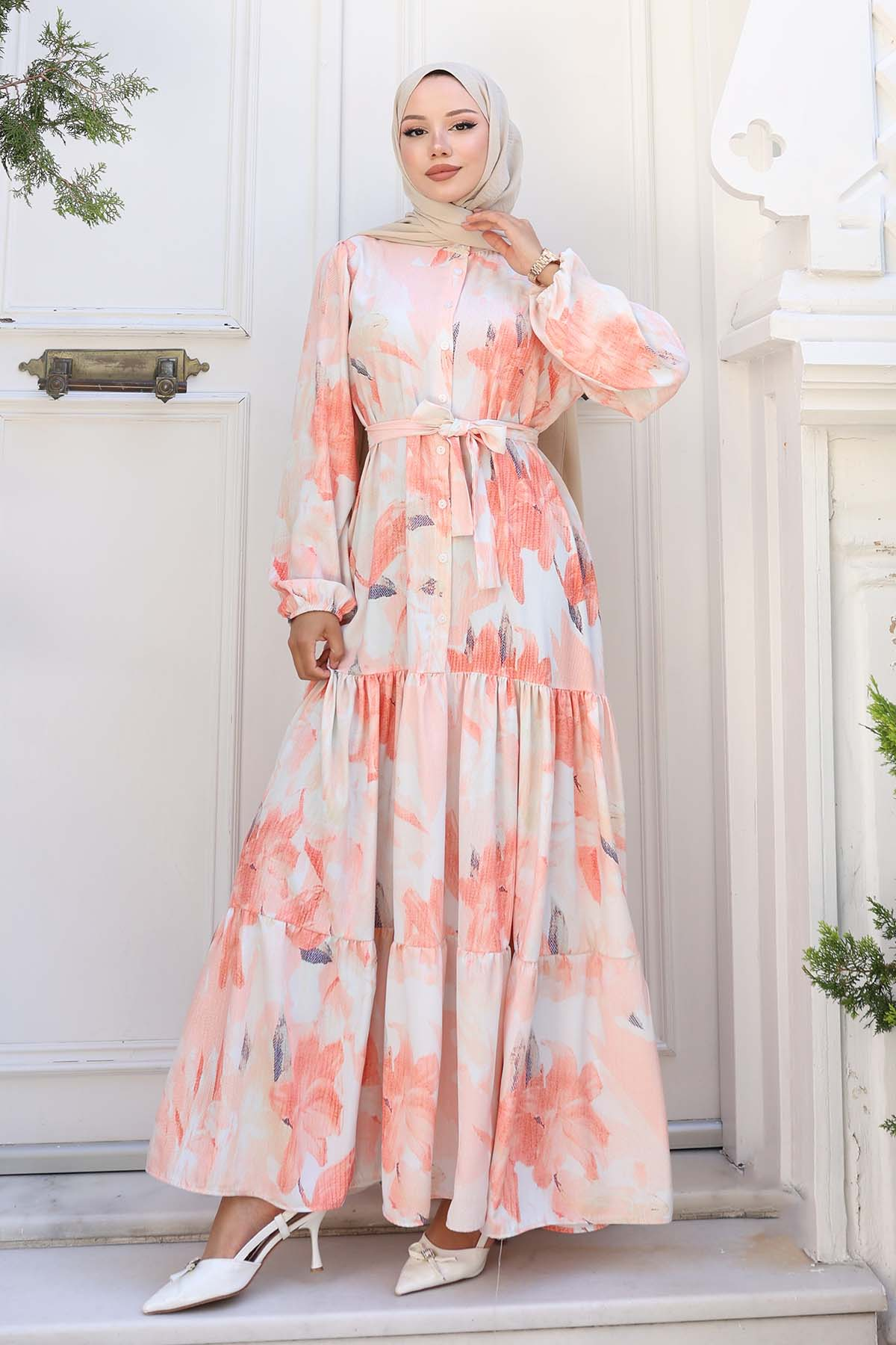 Desenli Tesettür Elbise Somon 558