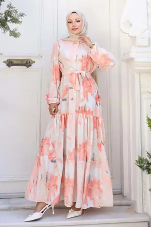 Desenli Tesettür Elbise Somon 558