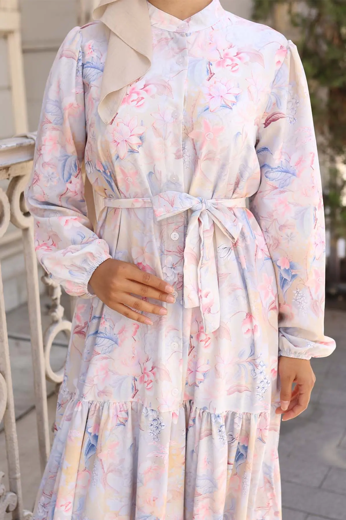 Desenli Tesettür Elbise Taş Rengi 569-detail