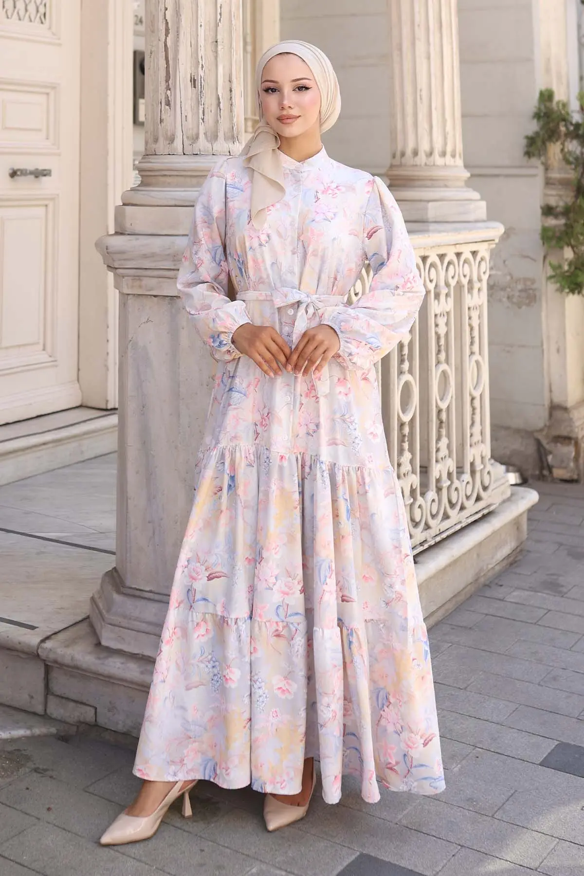 Desenli Tesettür Elbise Taş Rengi 569-detail