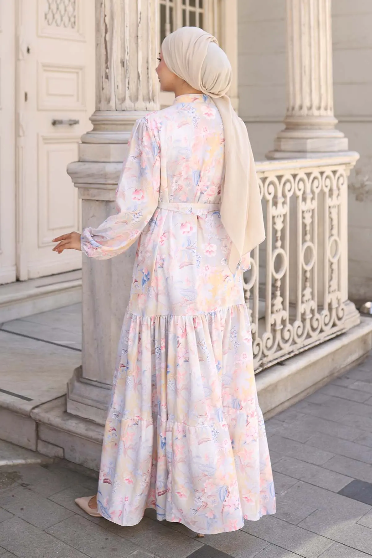 Desenli Tesettür Elbise Taş Rengi 569-detail