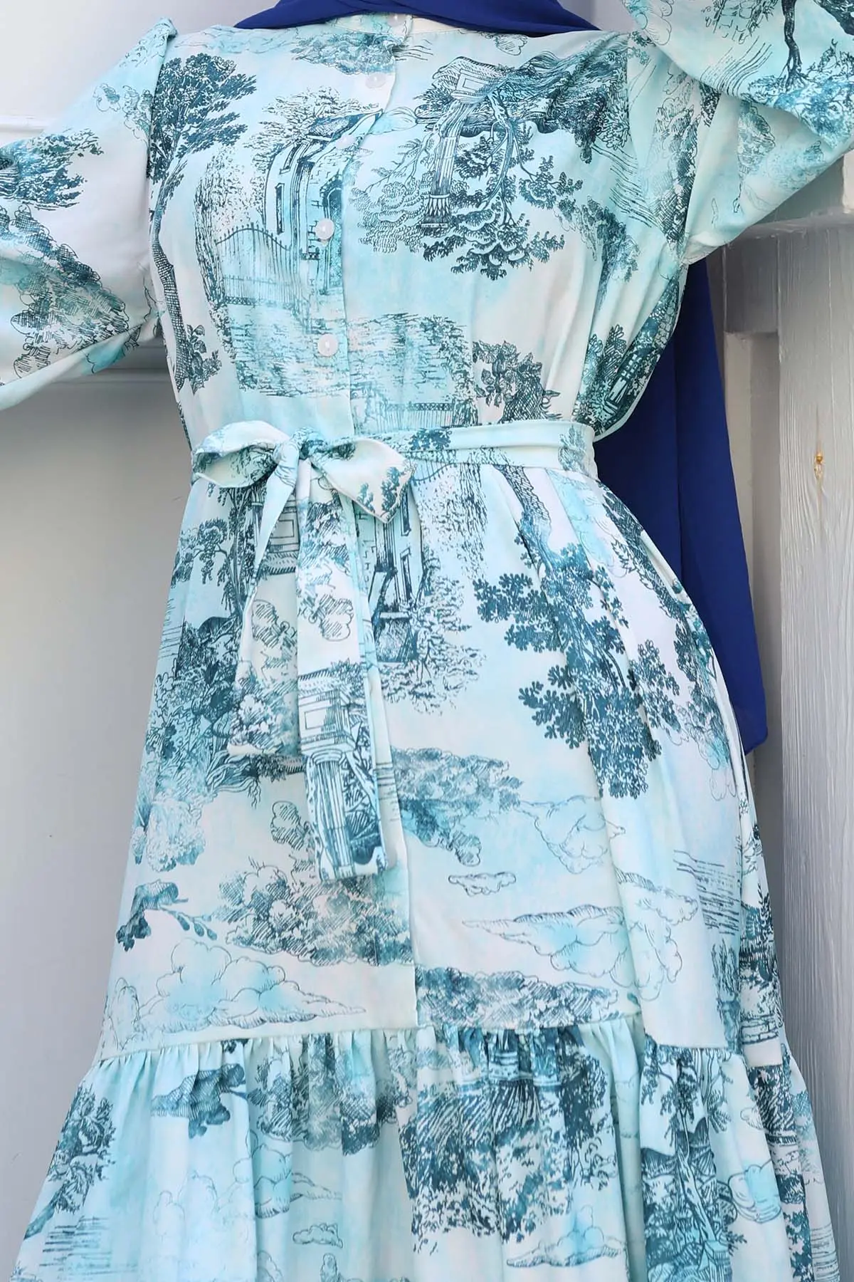 Desenli Tesettür Elbise Turkuaz 505-detail