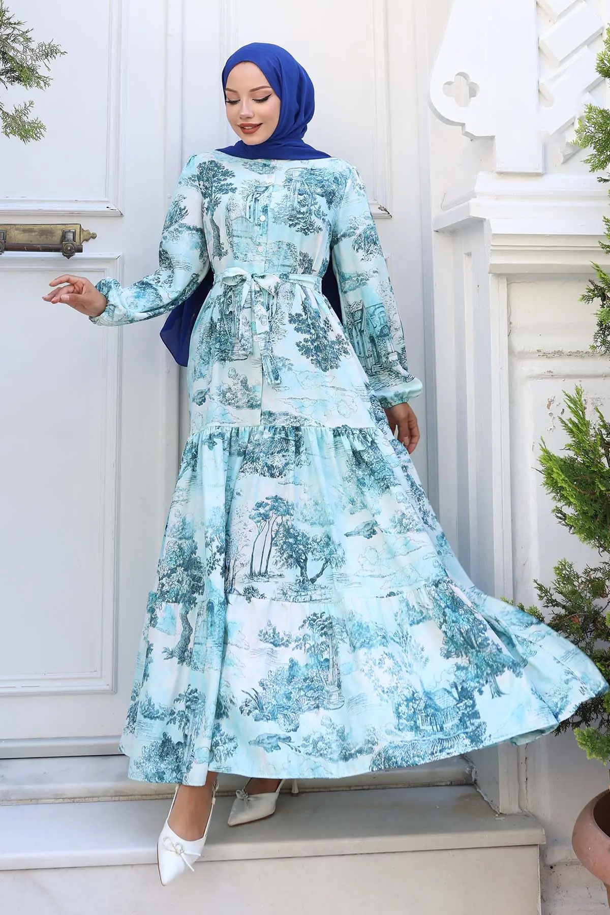 Desenli Tesettür Elbise Turkuaz 505-detail