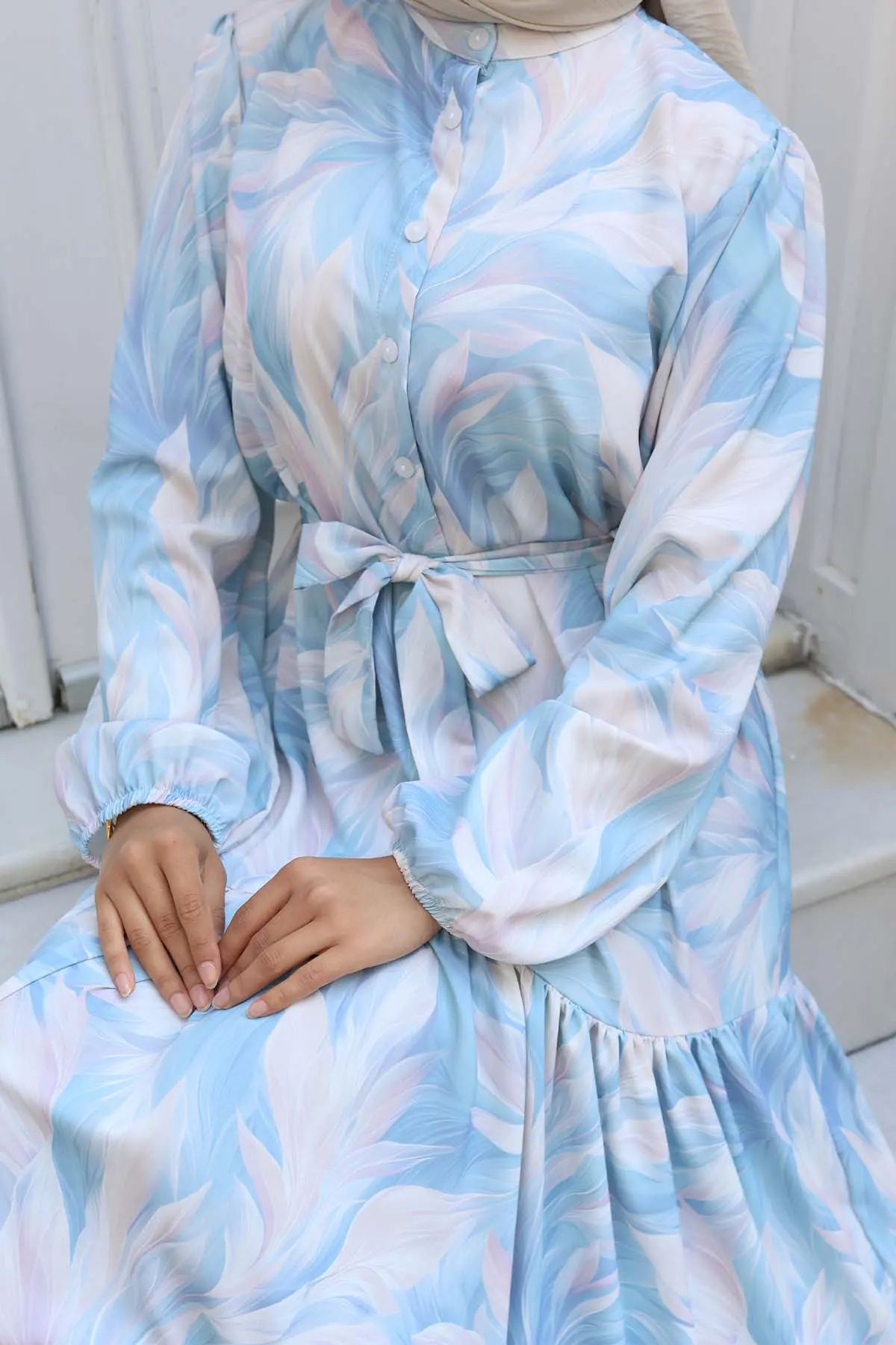 Desenli Tesettür Elbise Turkuaz 534-detail