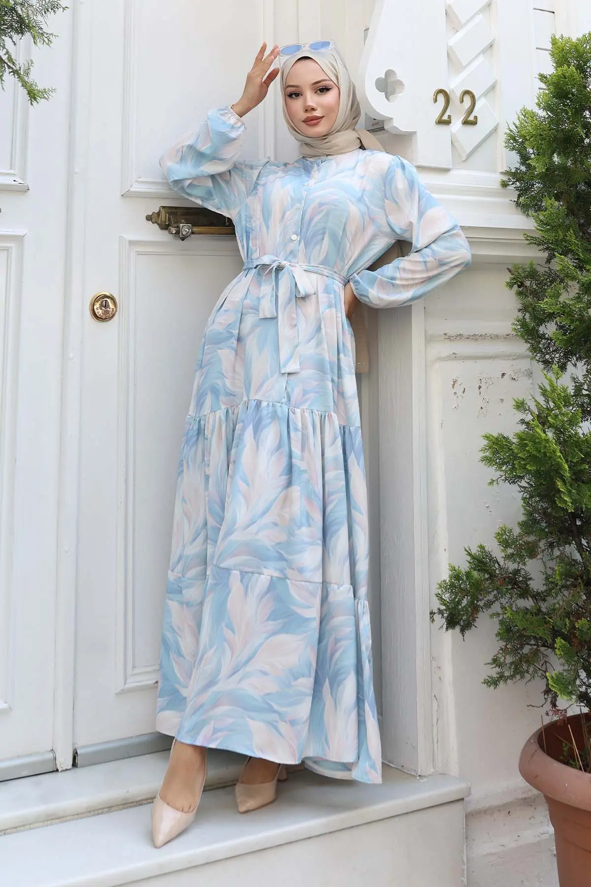 Desenli Tesettür Elbise Turkuaz 534-detail