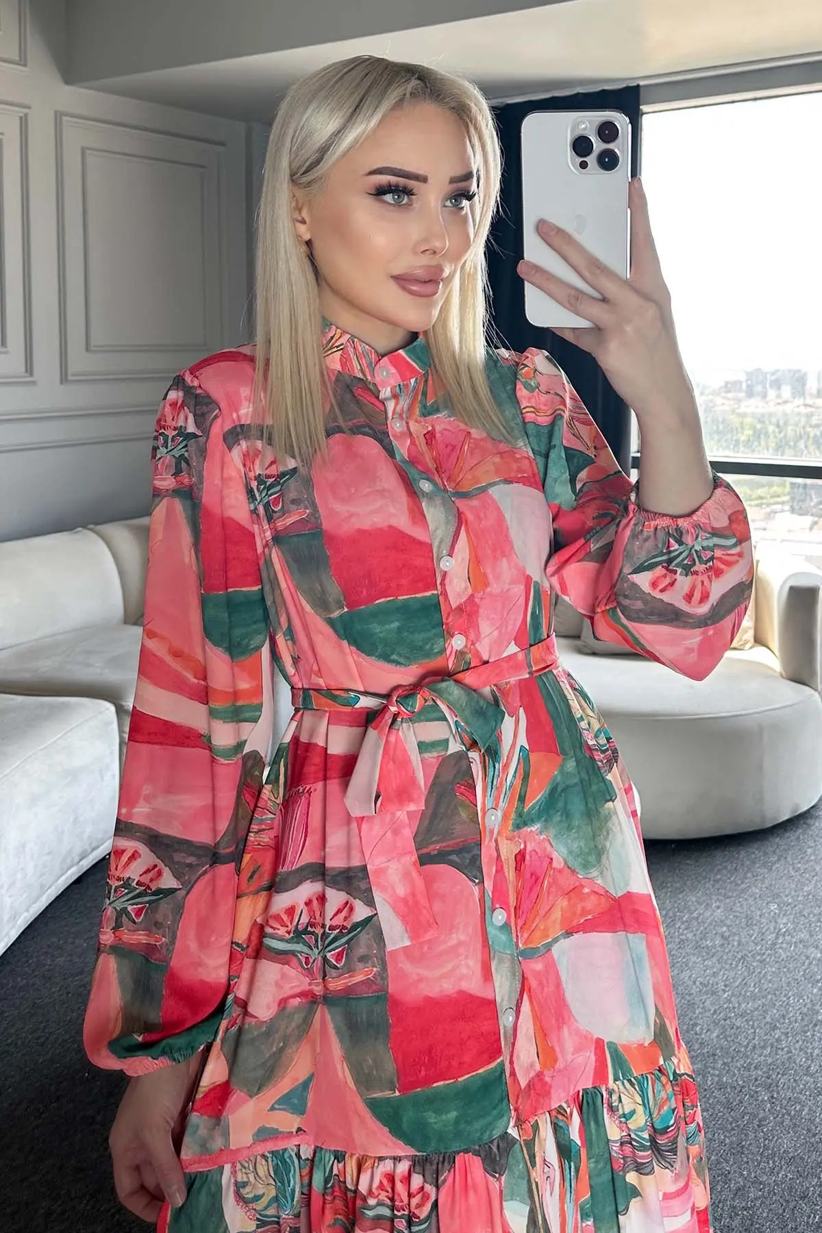 Desenli Tesettür Elbise Yeşil 522-1-detail