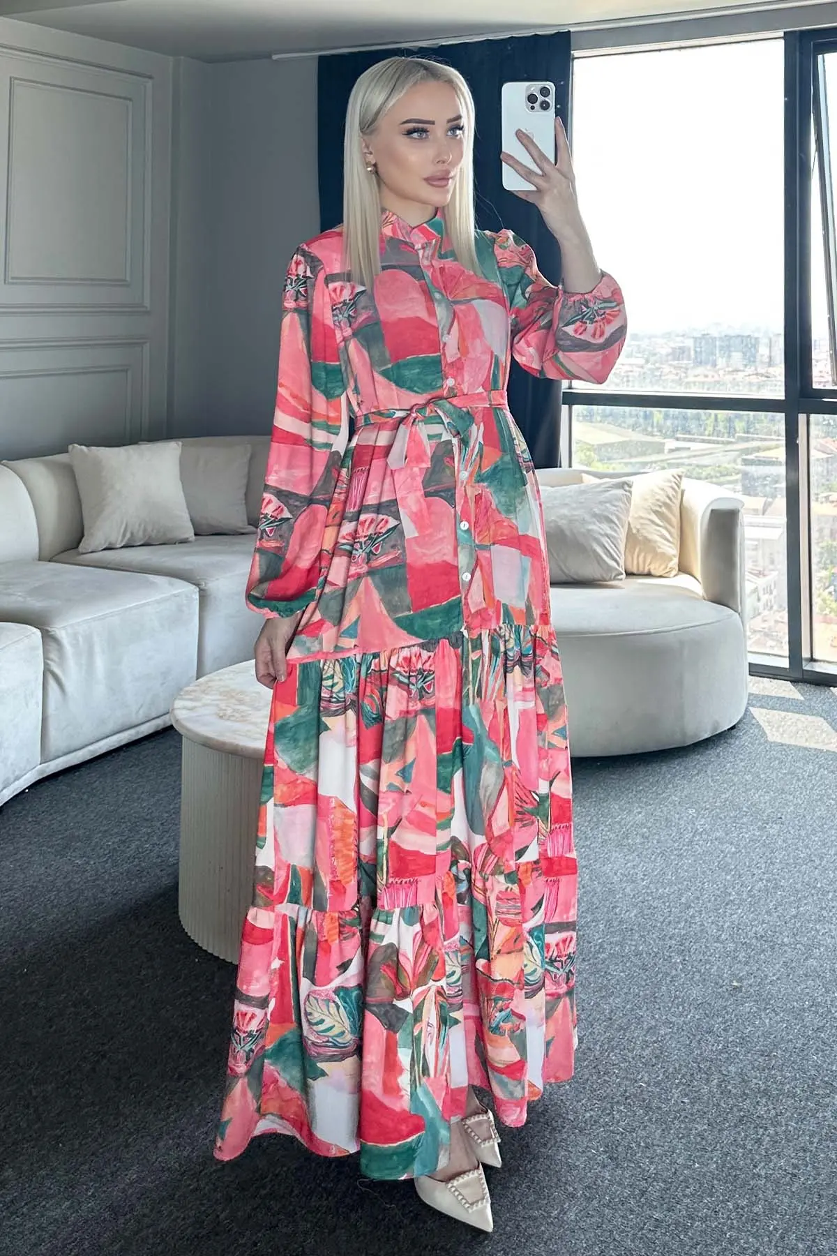 Desenli Tesettür Elbise Yeşil 522-1-detail