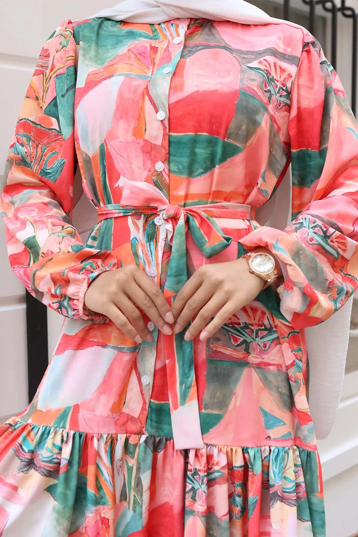 Desenli Tesettür Elbise Yeşil 522-detail