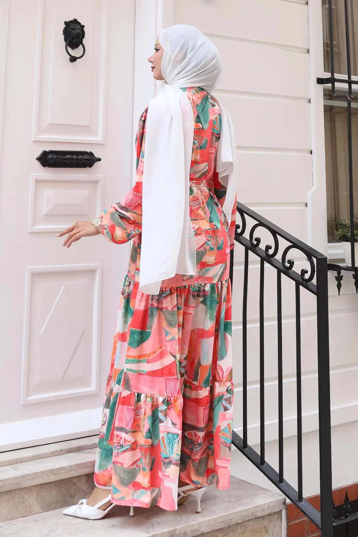 Desenli Tesettür Elbise Yeşil 522-detail