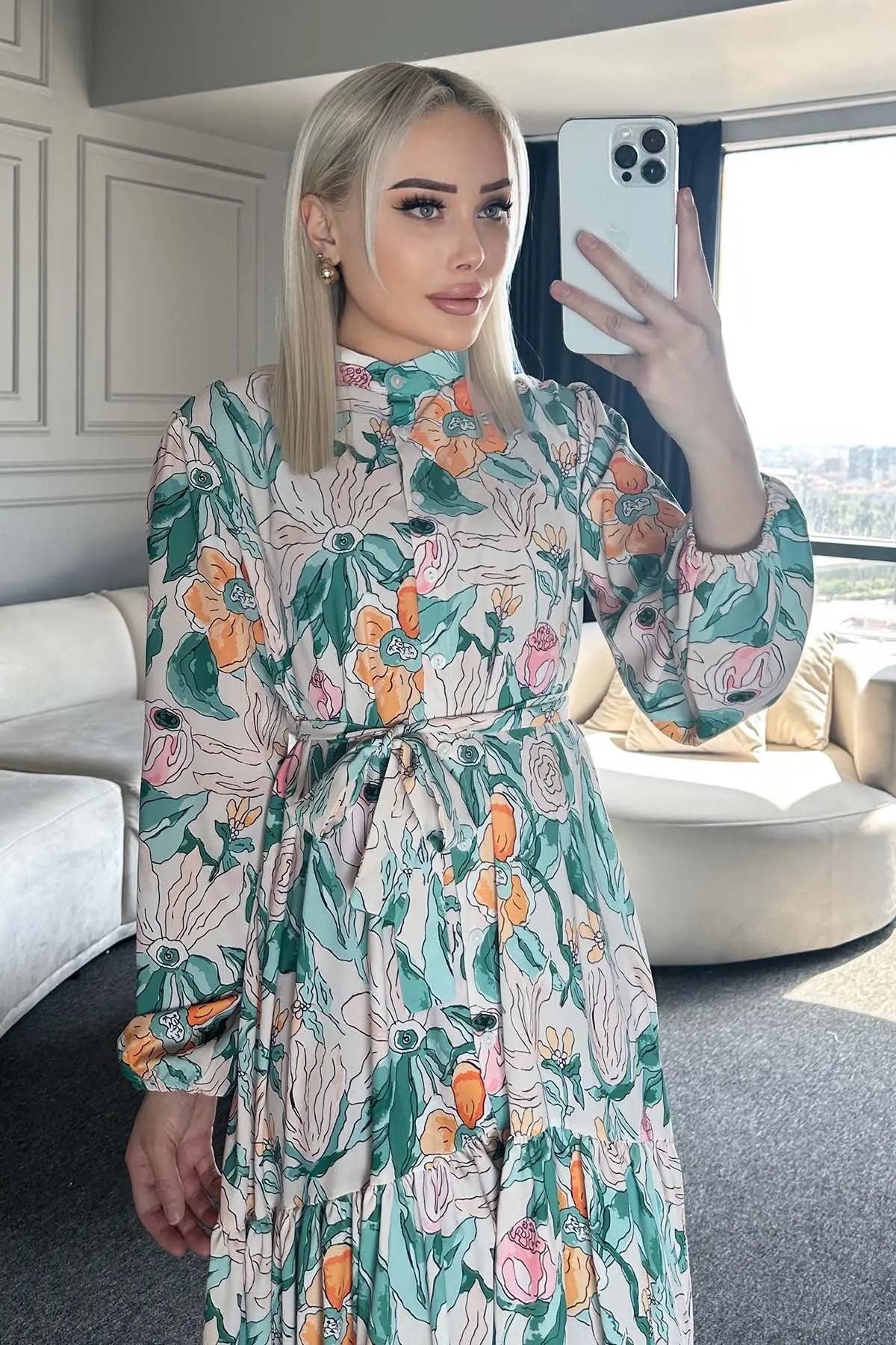 Desenli Tesettür Elbise Yeşil 523-1-detail