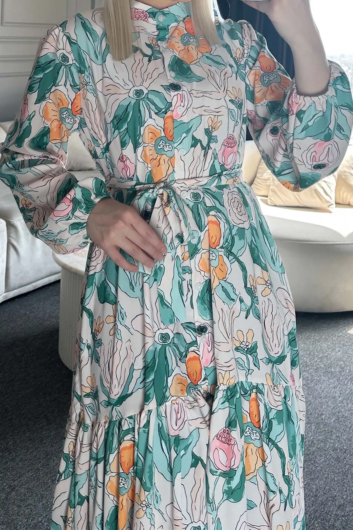 Desenli Tesettür Elbise Yeşil 523-1-detail