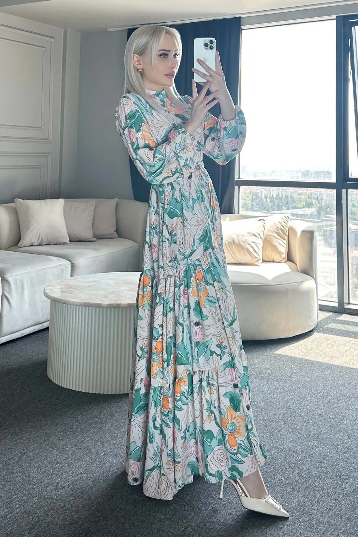 Desenli Tesettür Elbise Yeşil 523-1-detail