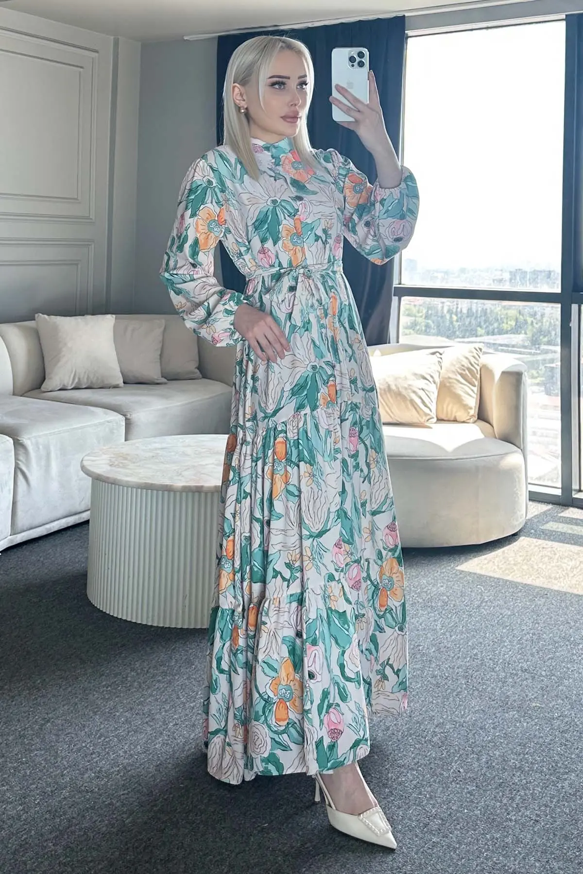 Desenli Tesettür Elbise Yeşil 523-1-detail