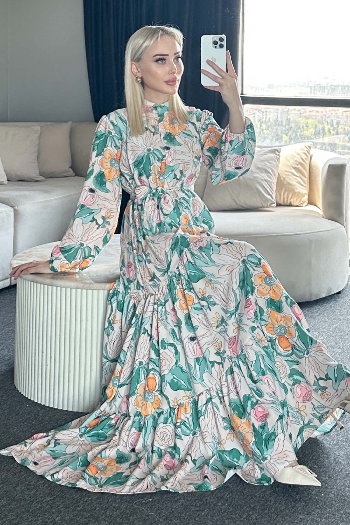 Desenli Tesettür Elbise Yeşil 523-1