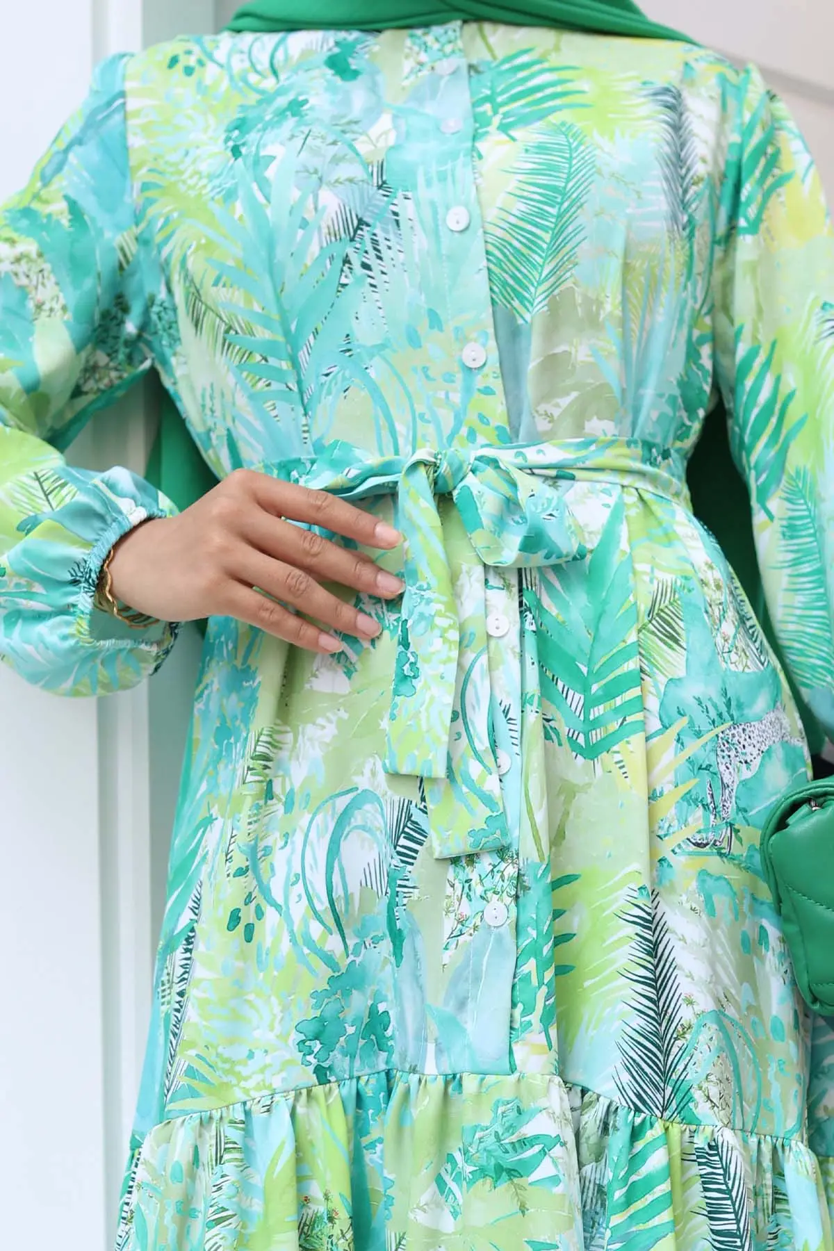 Desenli Tesettür Elbise Yeşil 535-detail