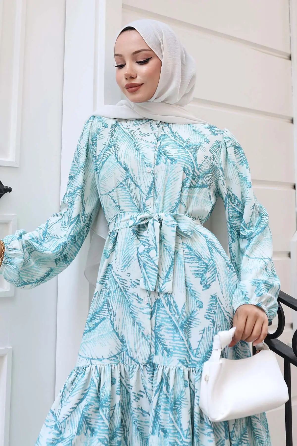 Desenli Tesettür Elbise Yeşil 537-detail